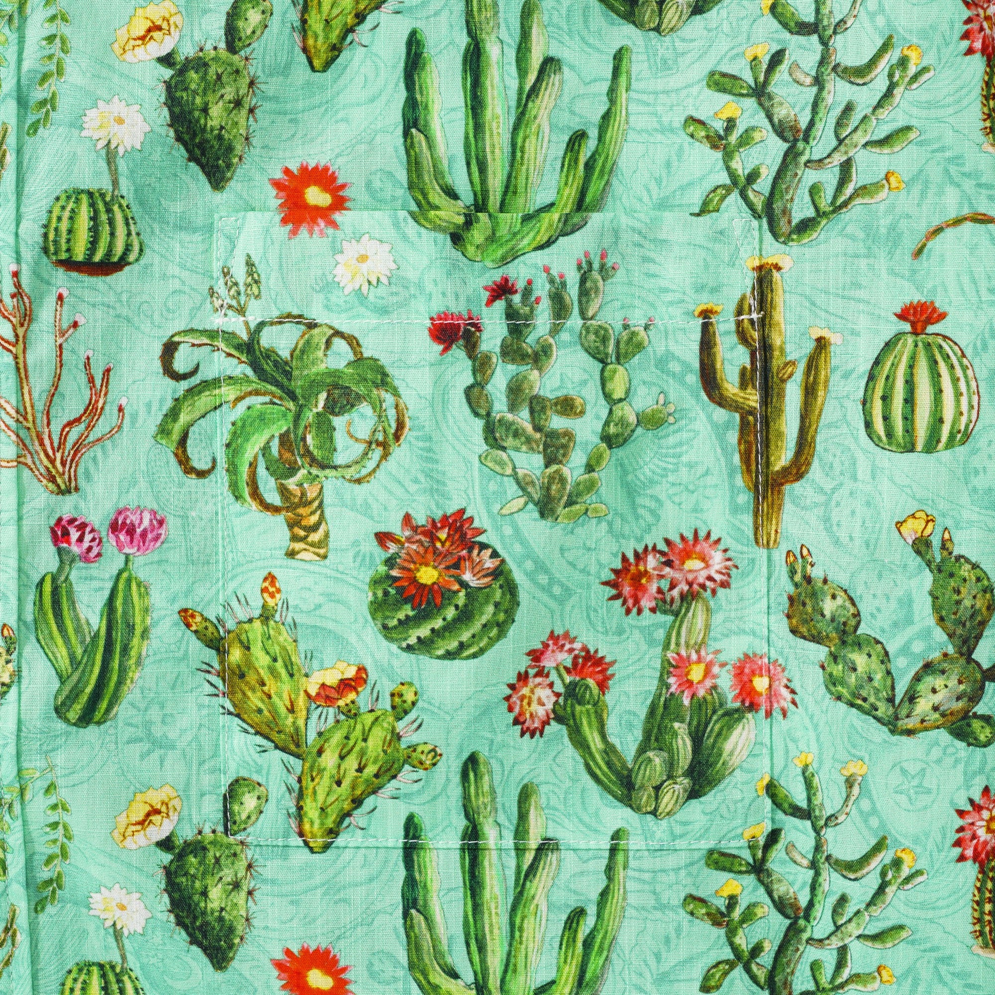 Men's Hawaiian Shirt Short Sleeve Button-down 100% Cotton Green Aloha Western Cactus Oasis