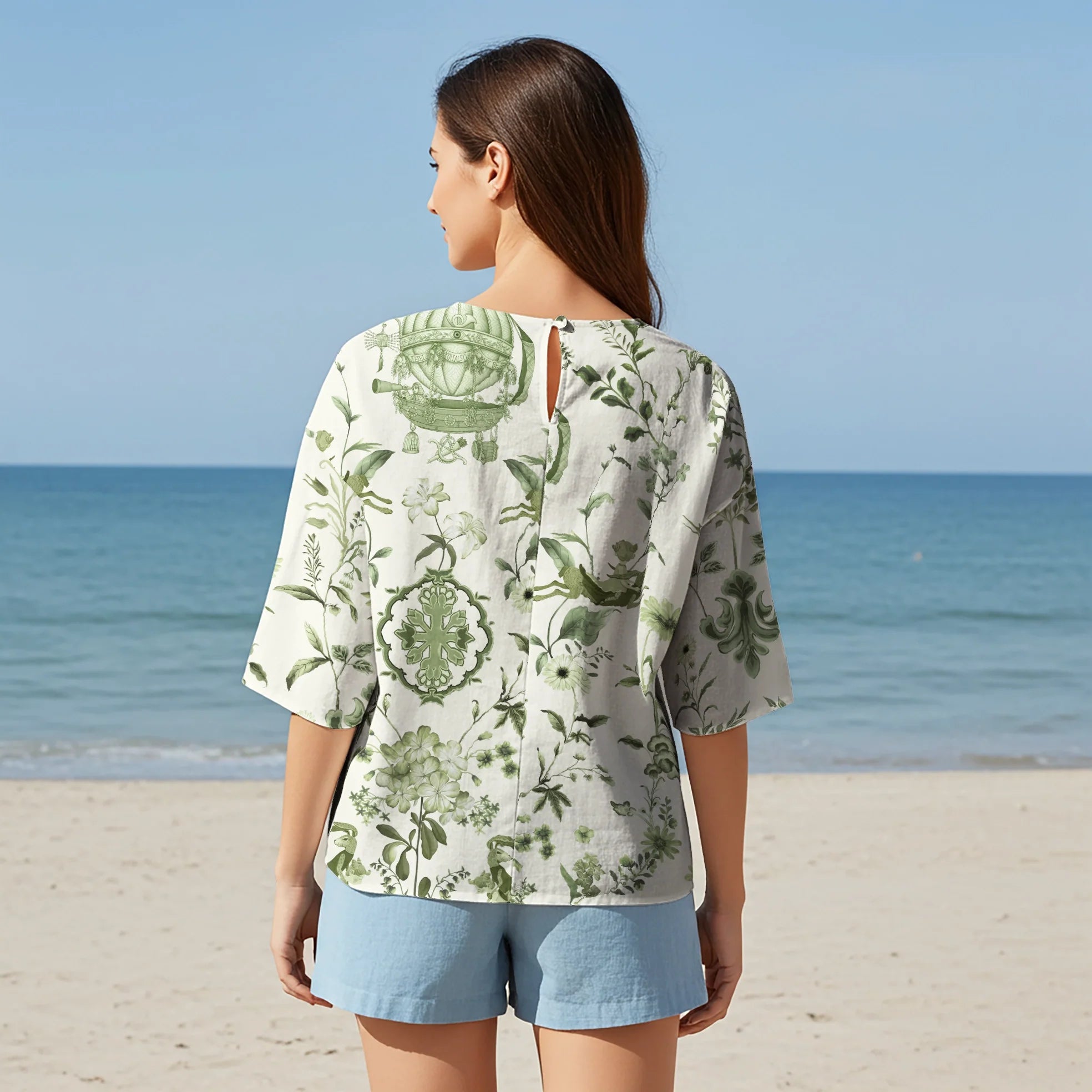 Women Casual Blouse Elbow Sleeve Round Neck Button-Back 95% Lyocell, 5% Linen Green Aloha Green Wonderland