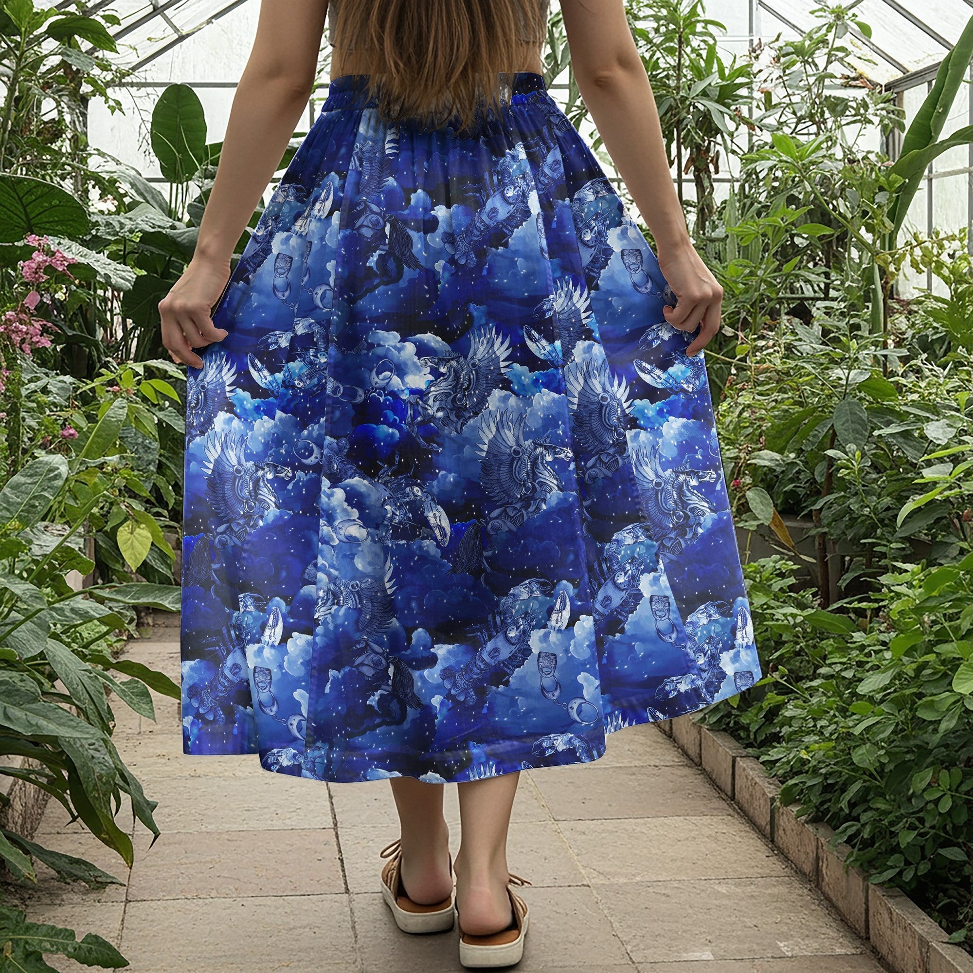 Women Casual Maxi Skirt Long Elastic Waist with Pockets 100% Cotton Blue Aloha Skylight Mechanical Dream