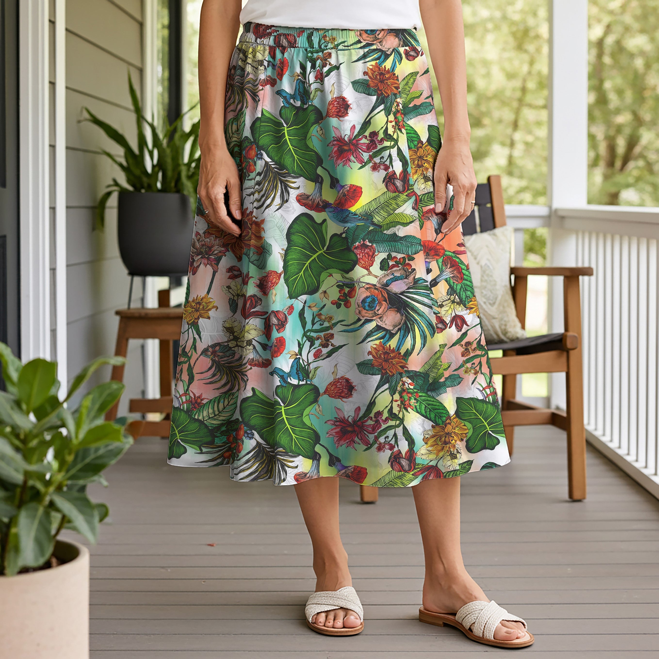 Women Casual Maxi Skirt Long Elastic Waist with Pockets 100% Cotton Green Aloha Tropical Floral Fantasy