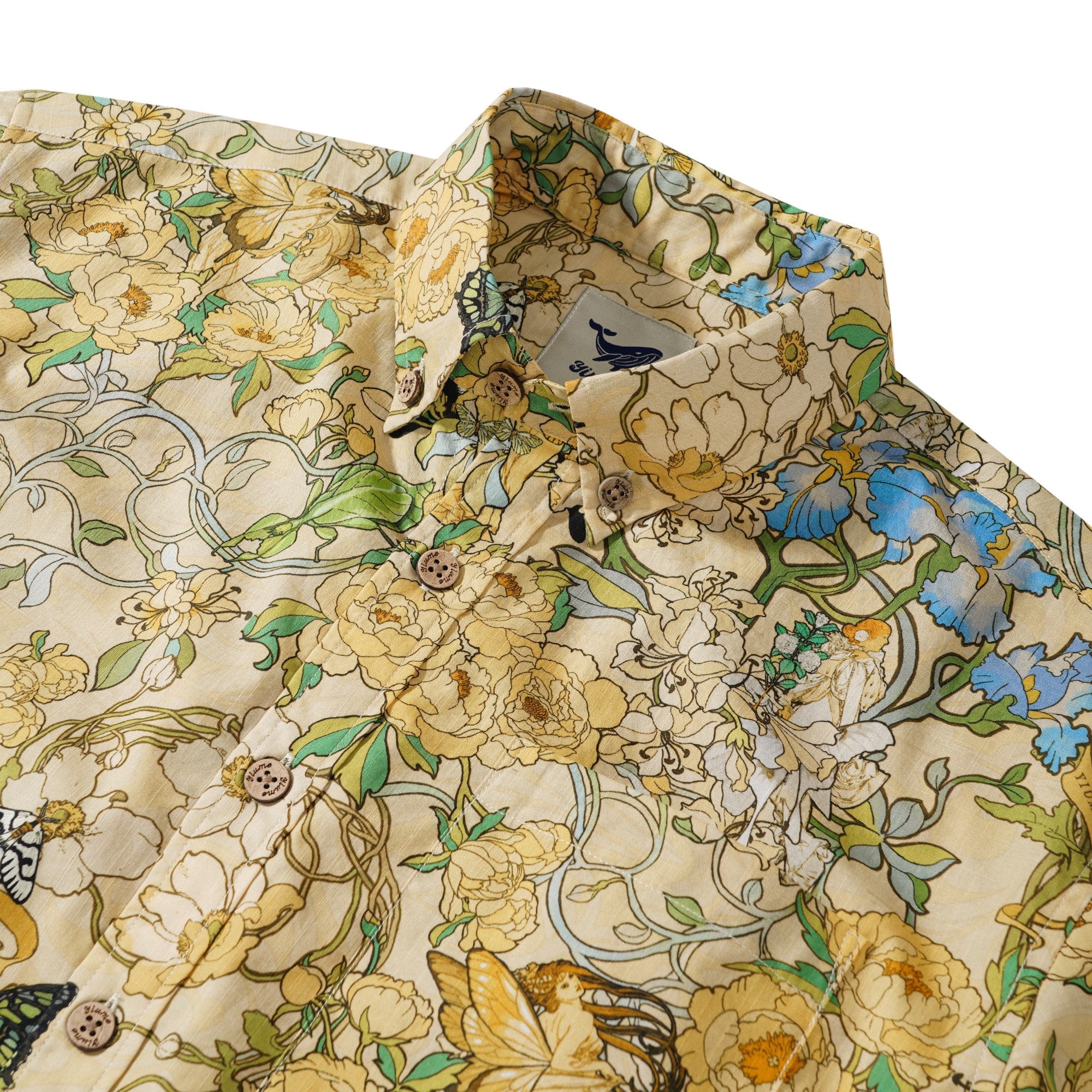 Men's Hawaiian Shirt Short Sleeve Button-down 100% Cotton Yellow Aloha Hawaiian Mucha’s Flora & Fauna Whimsy