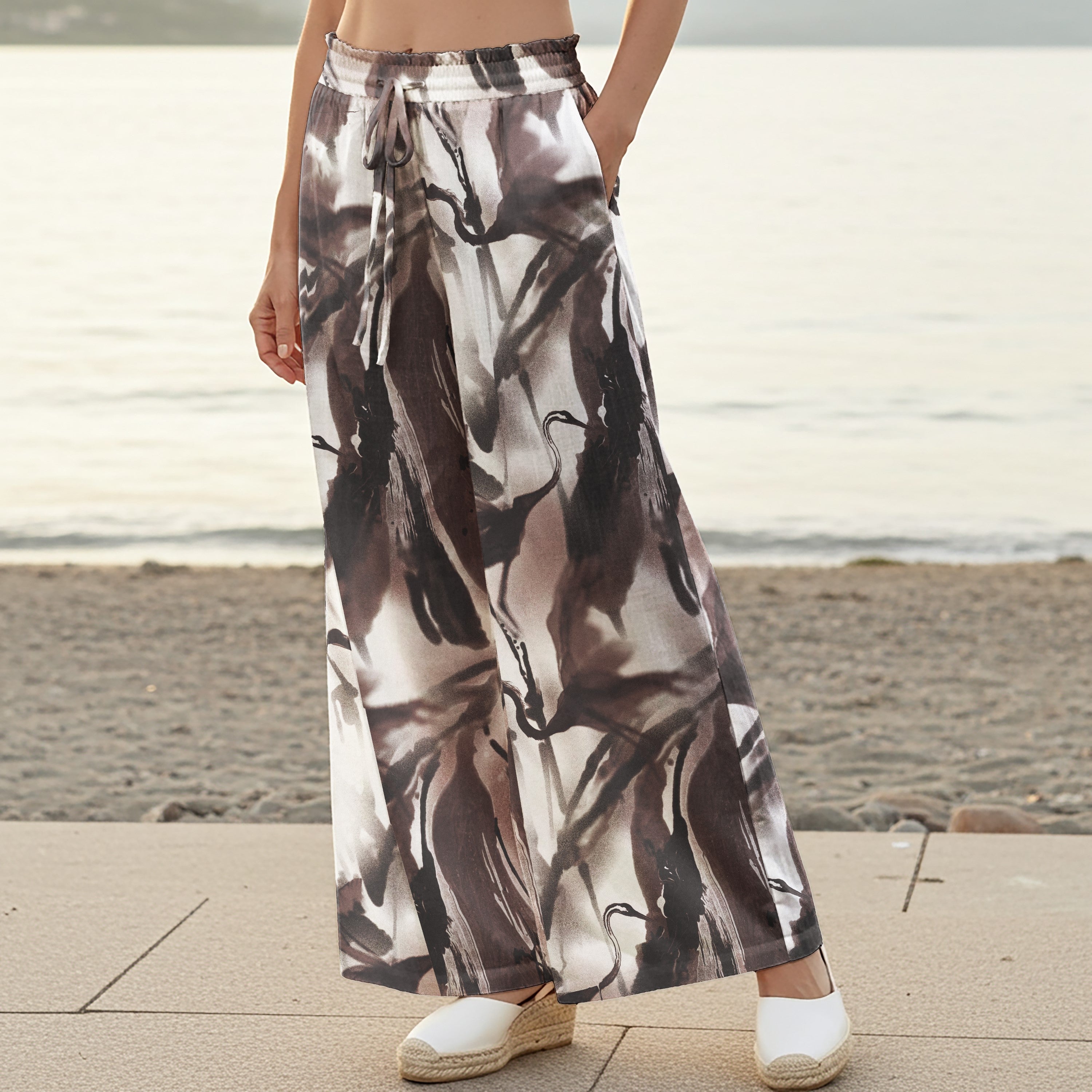 Women Casual Pants Lounge Elastic Waist Drawstring with Pockets 100% Cotton Brown Aloha Elegant Tan Mist Crane