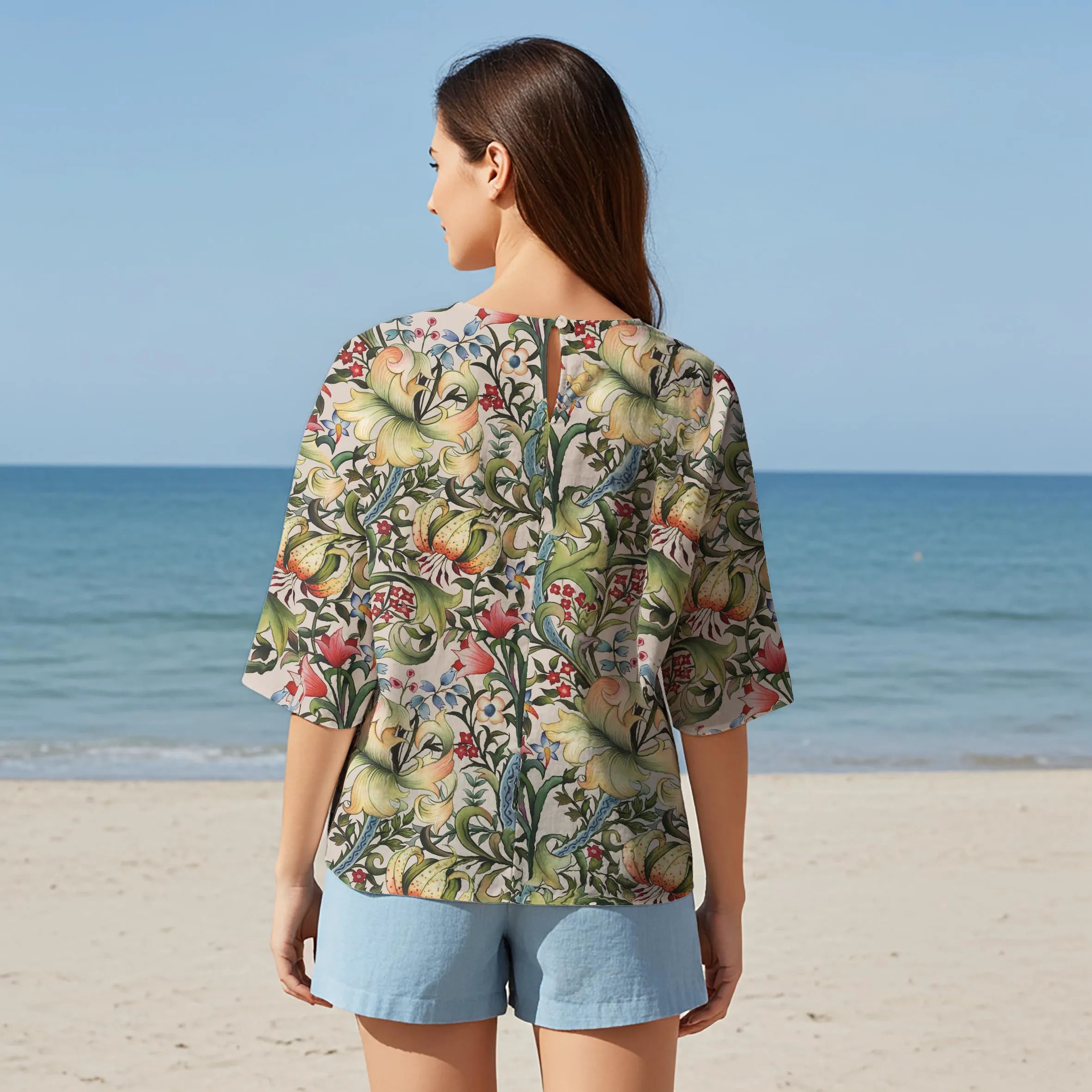 Women Casual Blouse Elbow Sleeve Round Neck Button-Back 95% Tencel, 5% Linen Green Aloha Classic Floral Fantasy