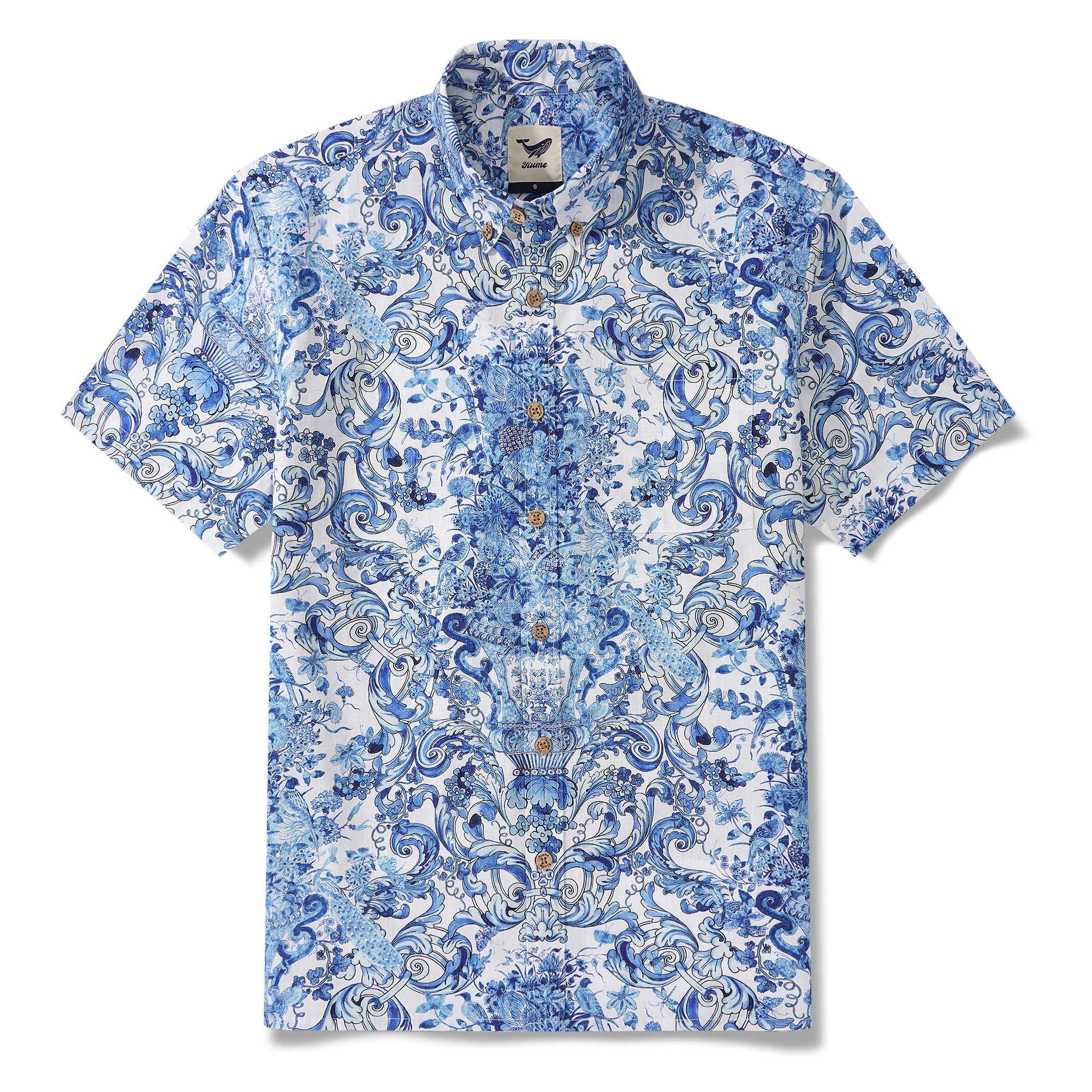 Men's Hawaiian Shirt Short Sleeve Button-down 100% Cotton Blue Aloha Floral Whisper
