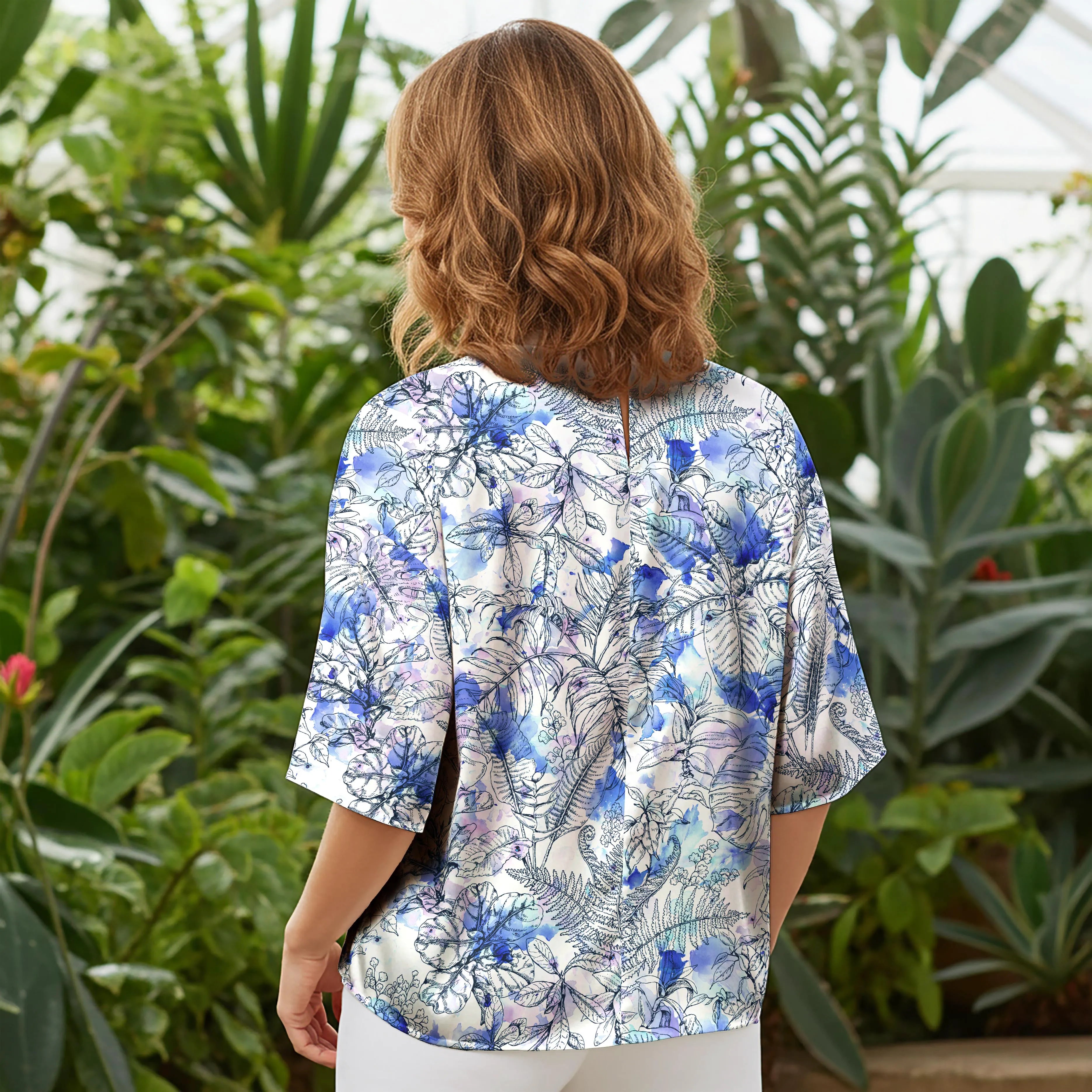 Women Casual Blouse Elbow Sleeve Round Neck Button-Back 100% Lyocell Blue Aloha Dreamy Watercolor Blue Leaves