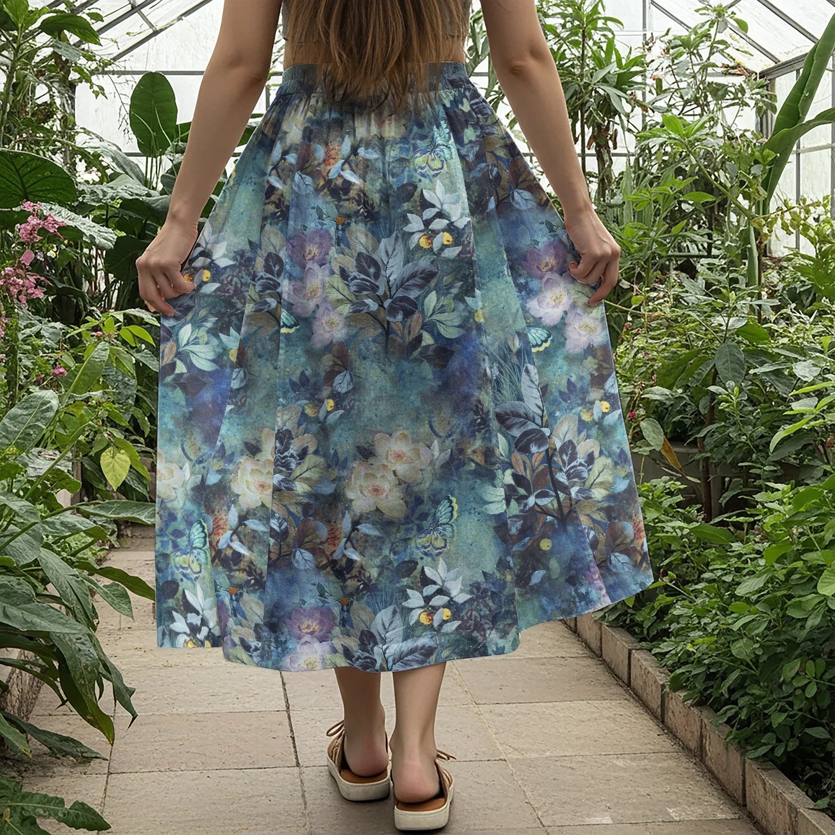 Women Casual Maxi Skirt Long Elastic Waist with Pockets 100% Cotton Green Aloha Garden In The Mist