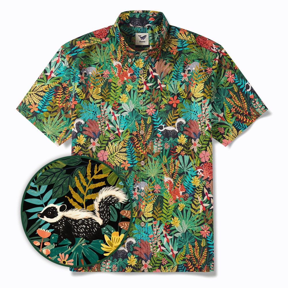 Men's Hawaiian Shirt Short Sleeve Button-down 100% Cotton Green Aloha Forest Fairytale