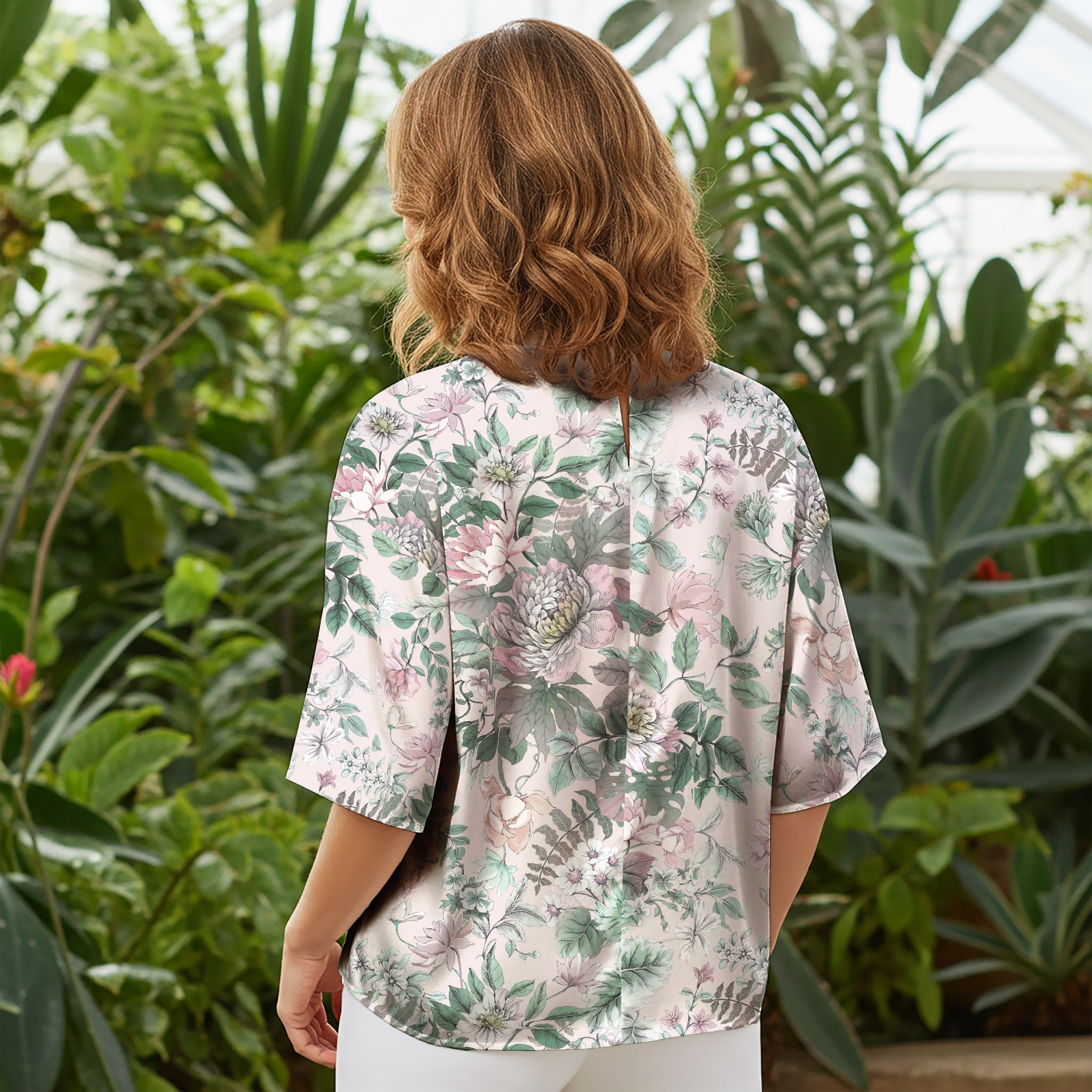 Women Casual Blouse Elbow Sleeve Round Neck Button-Back 100% Tencel Green Aloha Soft Floral Elegance
