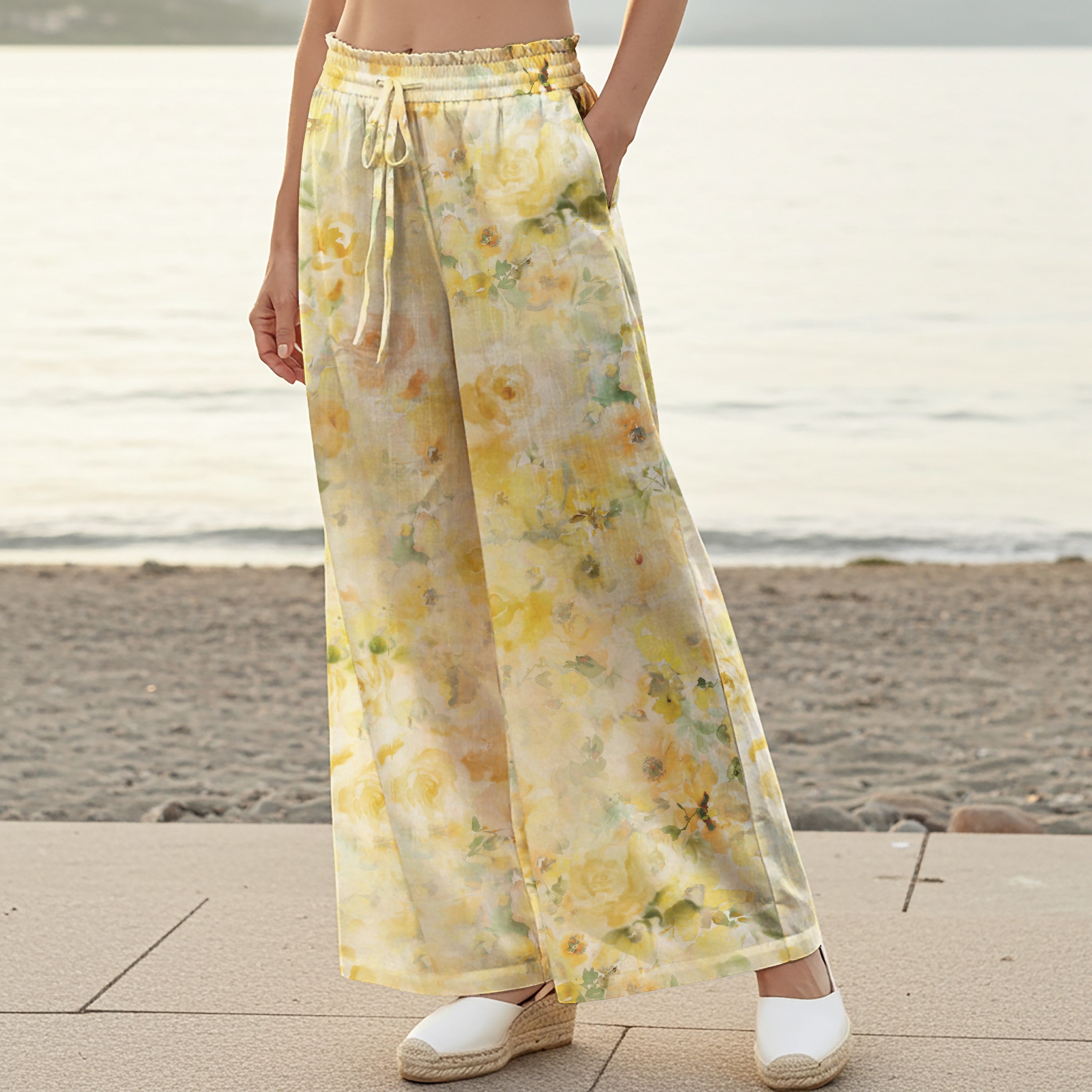 Women Casual Pants Lounge Elastic Waist Drawstring 100% Cotton Yellow Aloha Sunlit Blossoms Whisper