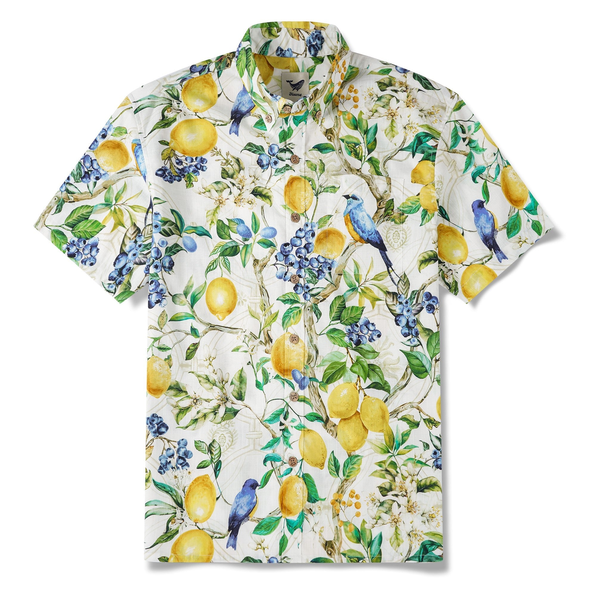 Men's Hawaiian Shirt Short Sleeve Button-down 100% Cotton White Aloha Sicilian Lemon Tree Fantasy