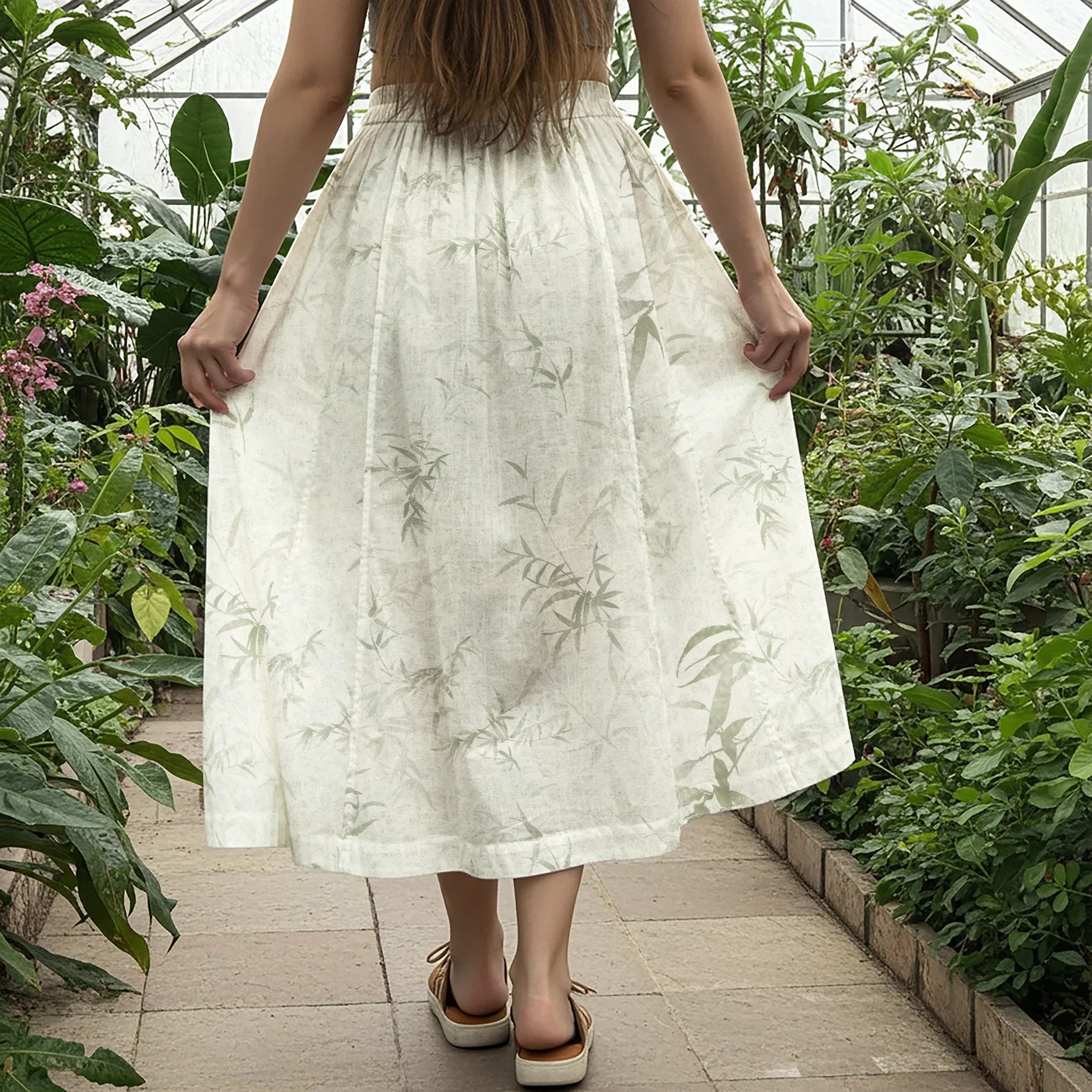 Women Casual Maxi Skirt Long Elastic Waist with Pockets 100% Cotton Green Aloha Misty Green Leaves