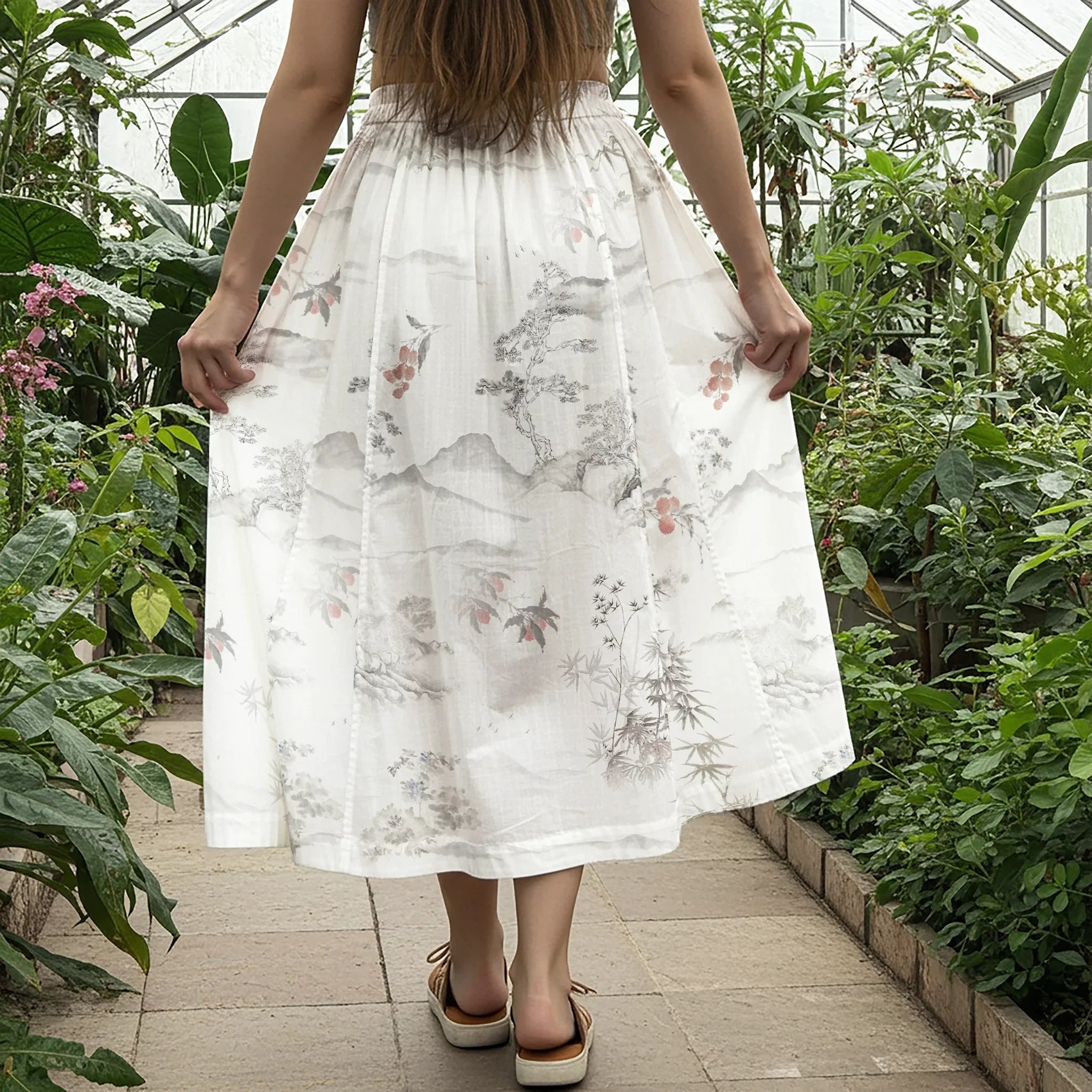 Women Casual Maxi Skirt Long Elastic Waist with Pockets 100% Cotton White Aloha Dream Of Ink Mountain