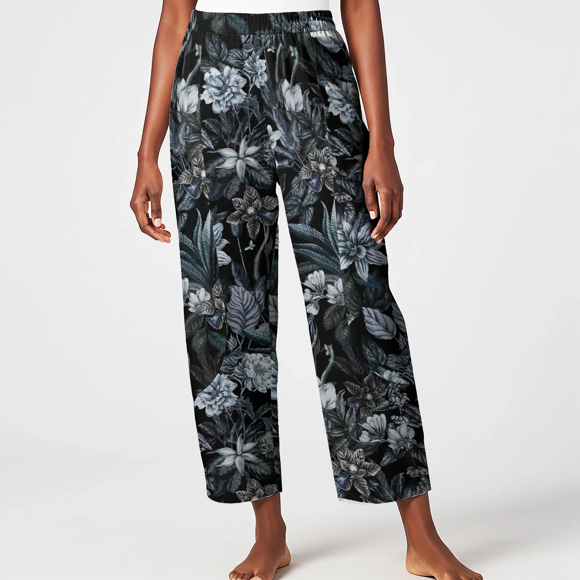 Women Casual Ankle Pants Lounge Elastic Waist with Pockets 93% Lyocell, 7% Linen Black Aloha Night Garden
