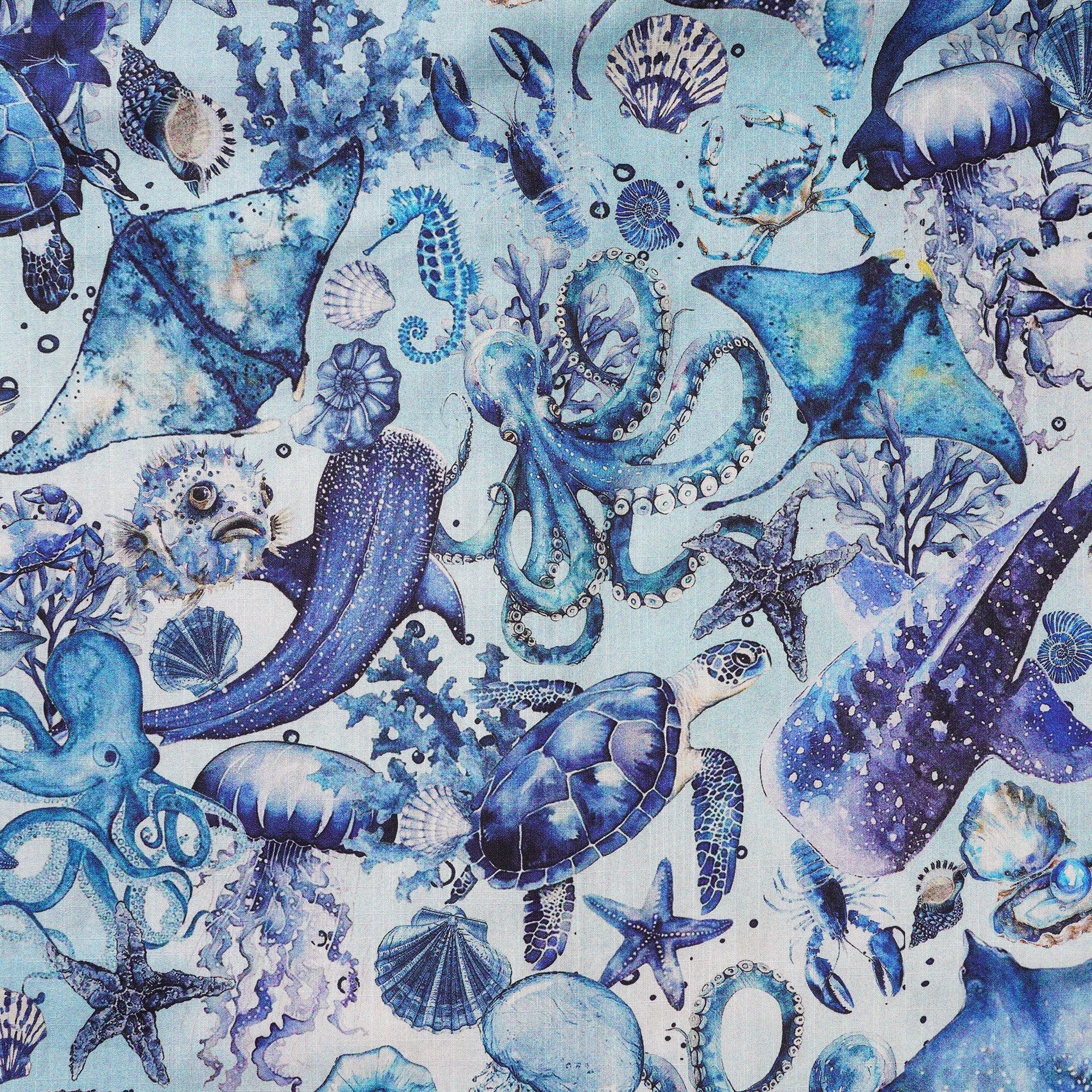 Men's Hawaiian Shirt Short Sleeve Button-down 100% Cotton Blue Aloha Watercolor Ocean