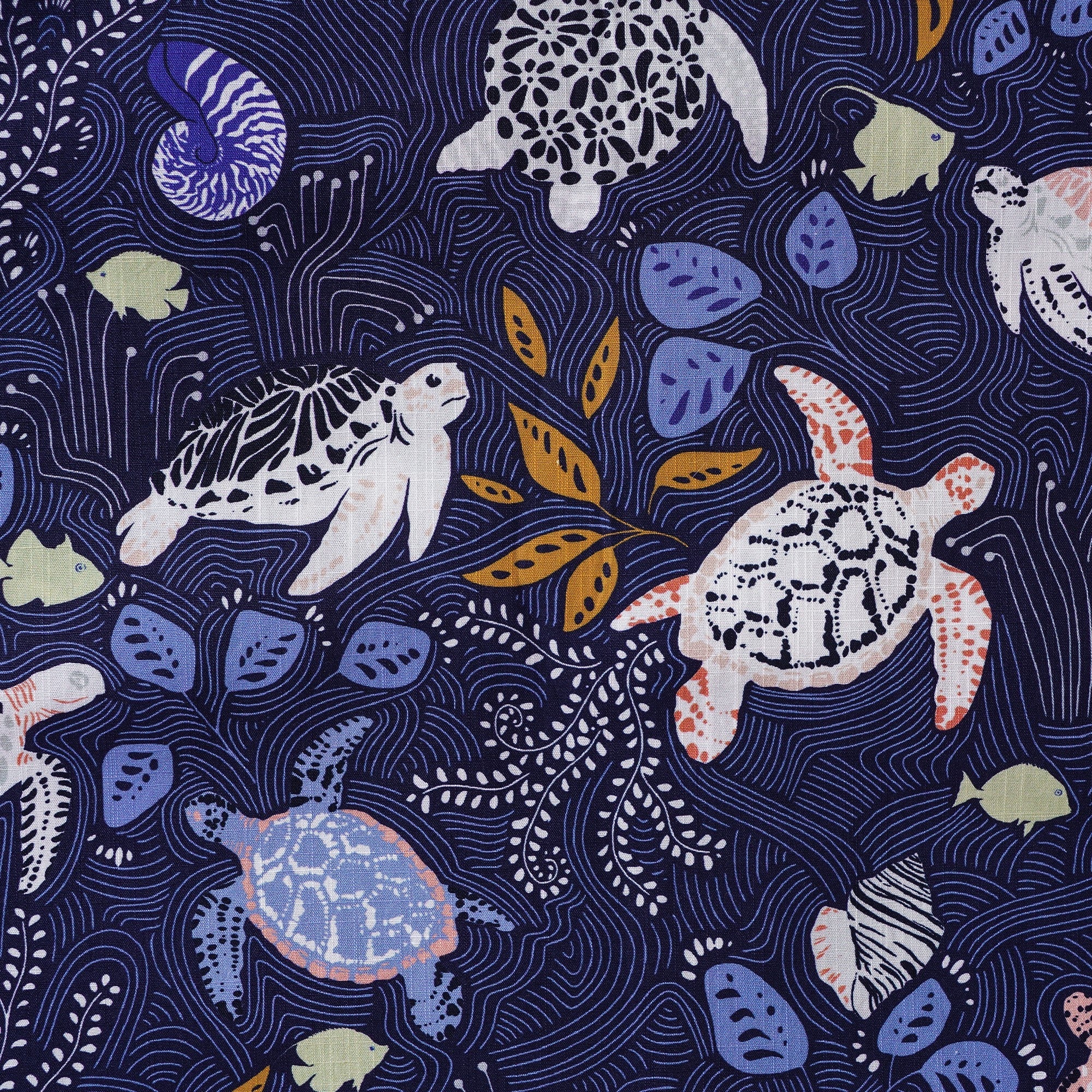 Men's Hawaiian Shirt Short Sleeve Button-down 100% Cotton Blue Aloha Happy sea turtles family navy blue By Annick