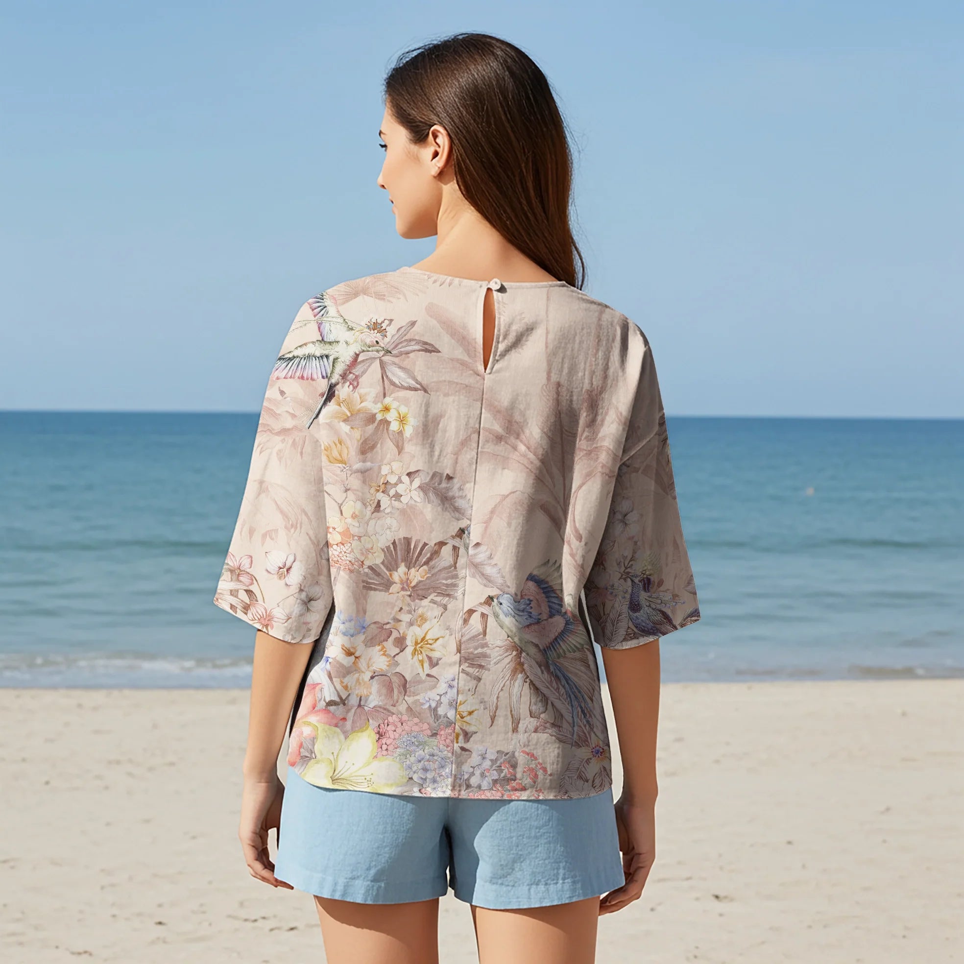 Women Casual Blouse Elbow Sleeve Round Neck Button-Back 95% Lyocell, 5% Linen Yellow Aloha Celestial Bird Floral Silhouette