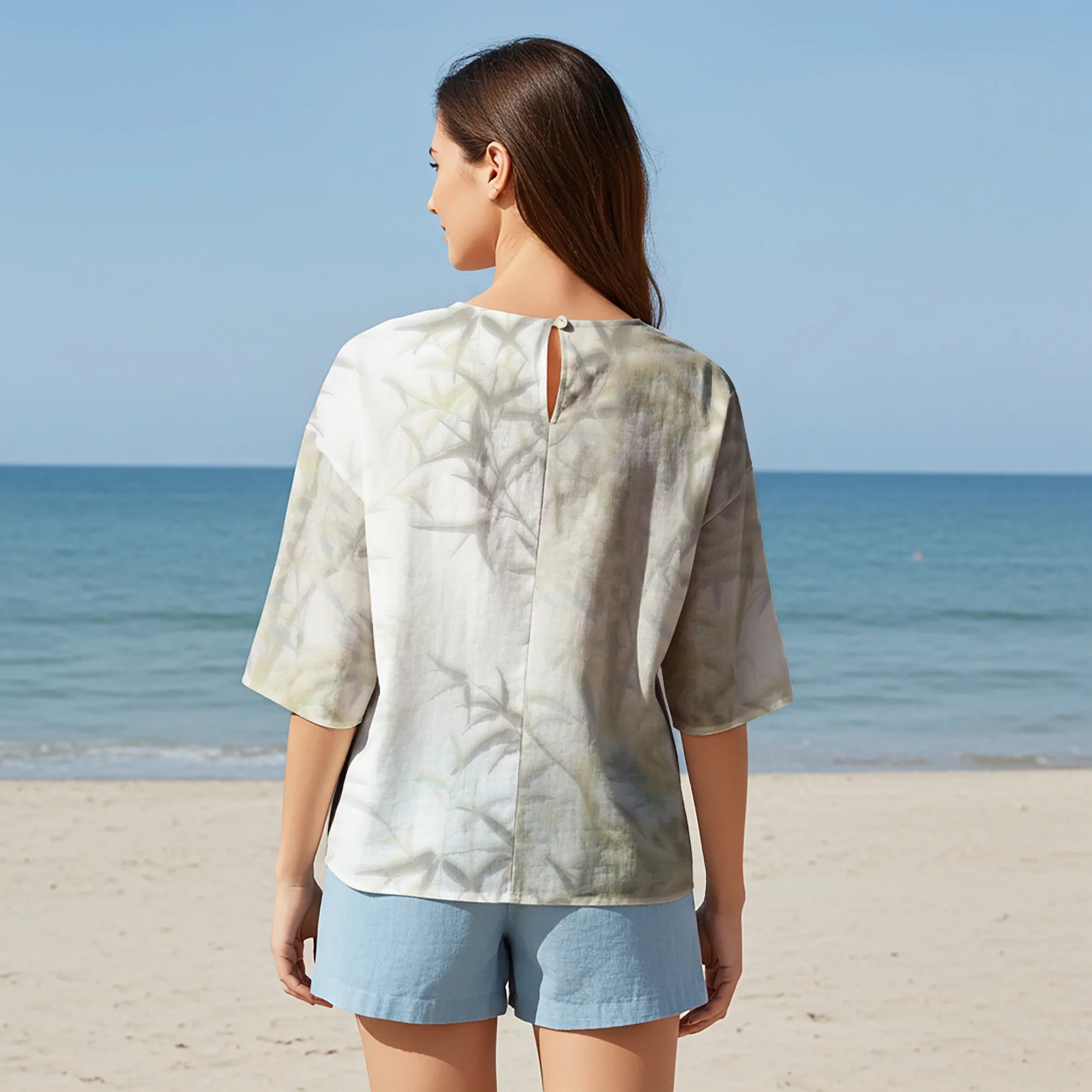Women Casual Blouse Elbow Sleeve Round Neck Button-Back 95% Lyocell, 5% Linen Green Aloha Oriental Bamboo Shadows