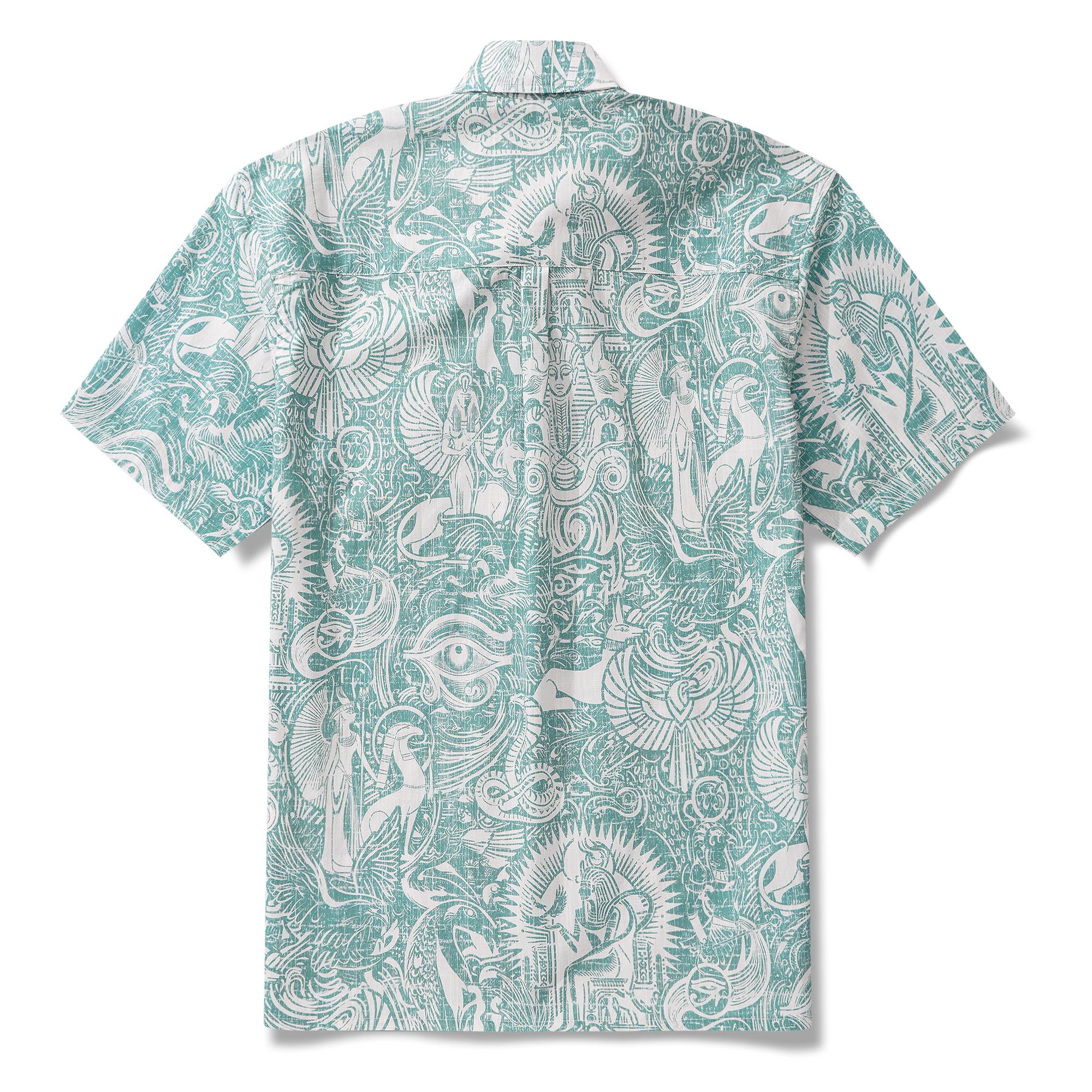 Men's Hawaiian Shirt Short Sleeve Button-down 100% Cotton Green Aloha Egyptian Myths