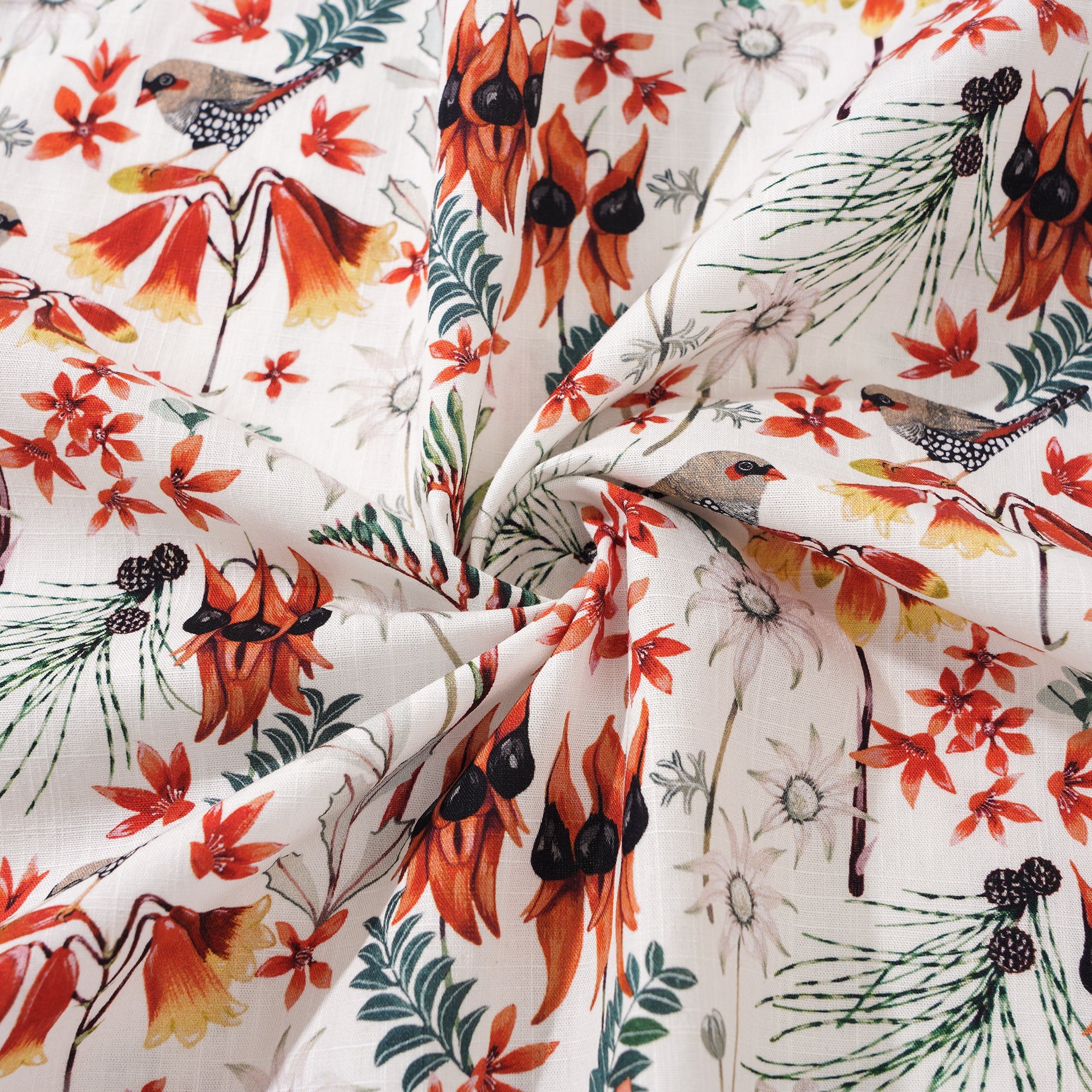 Women's Hawaiian Shirt Short Sleeve Button-up 100% Cotton Green Aloha Firetail Finches By Eloise