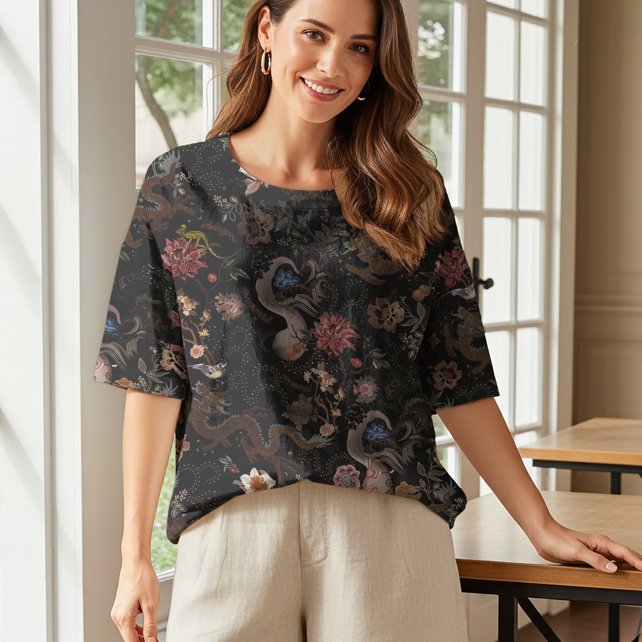 Women Casual Blouse 3/4 Sleeve Round Neck 95% Tencel, 5% Linen Black Aloha Ink Charm Eastern Dream