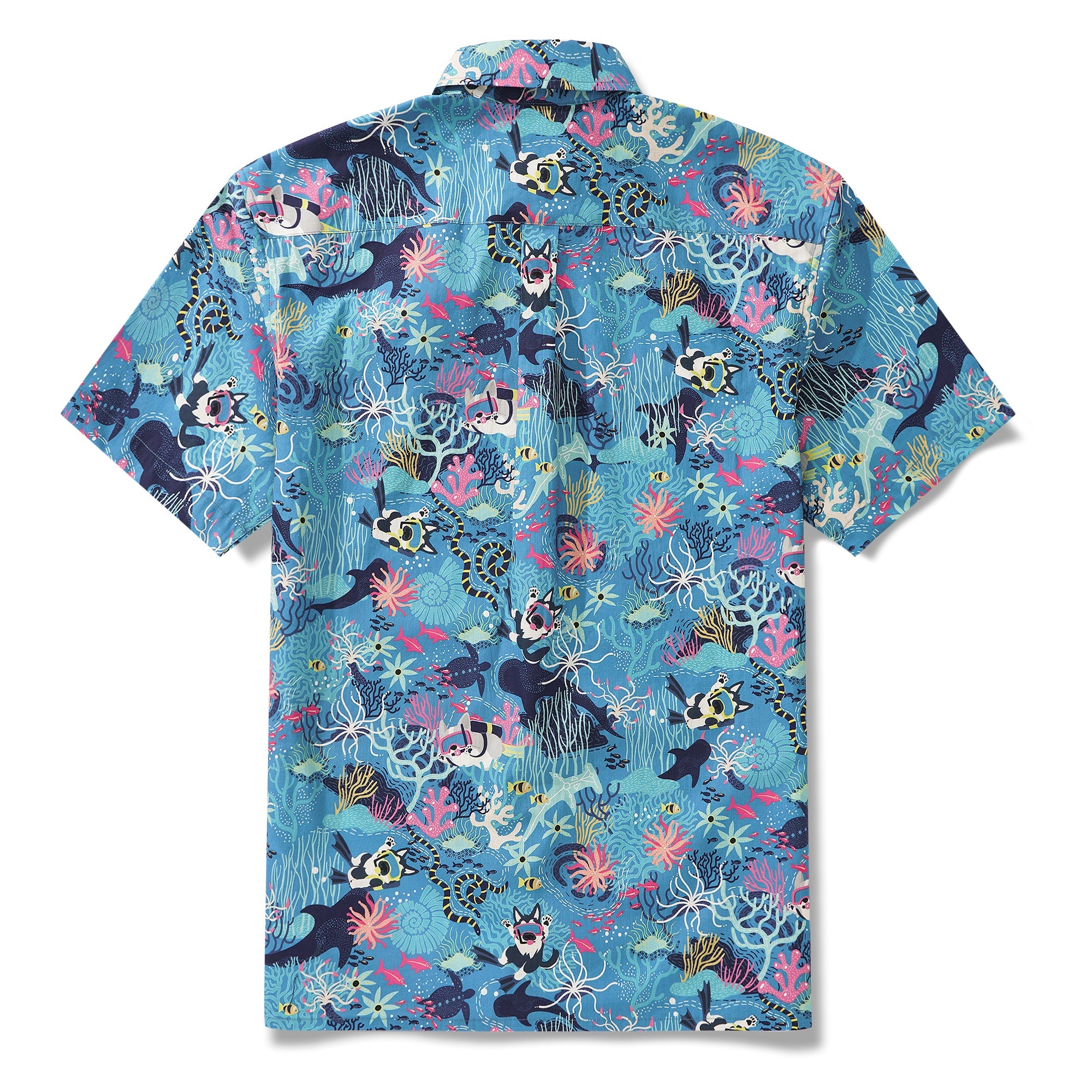 Men's Hawaiian Shirt Short Sleeve Button-down 100% Cotton Blue Aloha Dive Pup