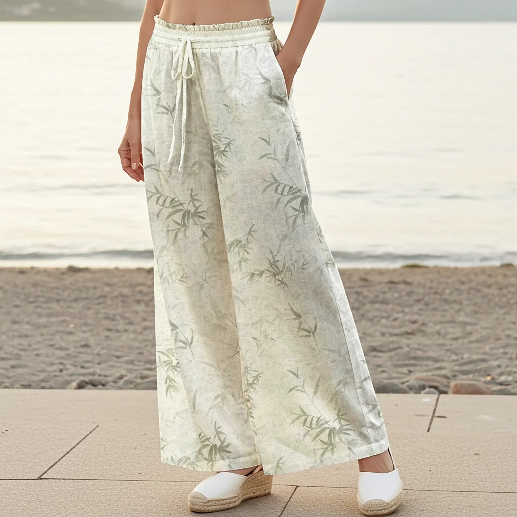 Women Casual Pants Lounge Elastic Waist Drawstring with Pockets 93% Tencel, 7% Linen Green Aloha Misty Green Leaves