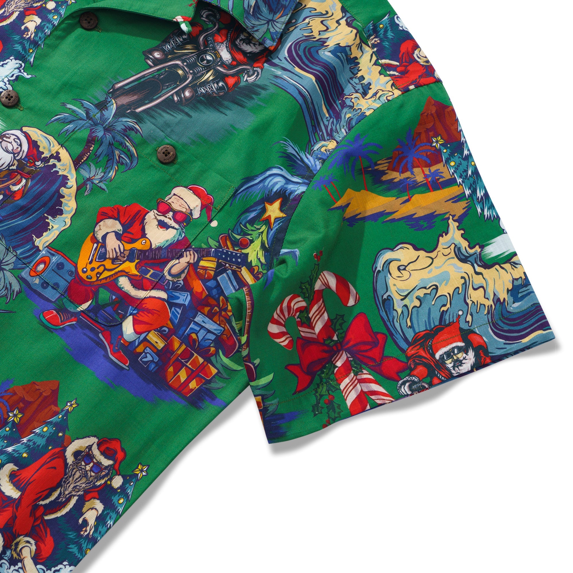 Christmas Santa Claus in Hawaii 100% Cotton Men's Aloha Hawaiian Short Sleeve Camp Collar Shirt