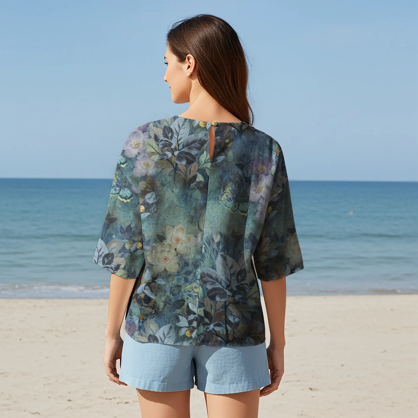 Women Casual Blouse Elbow Sleeve Round Neck Button-Back 95% Tencel, 5% Linen Green Aloha Garden In The Mist