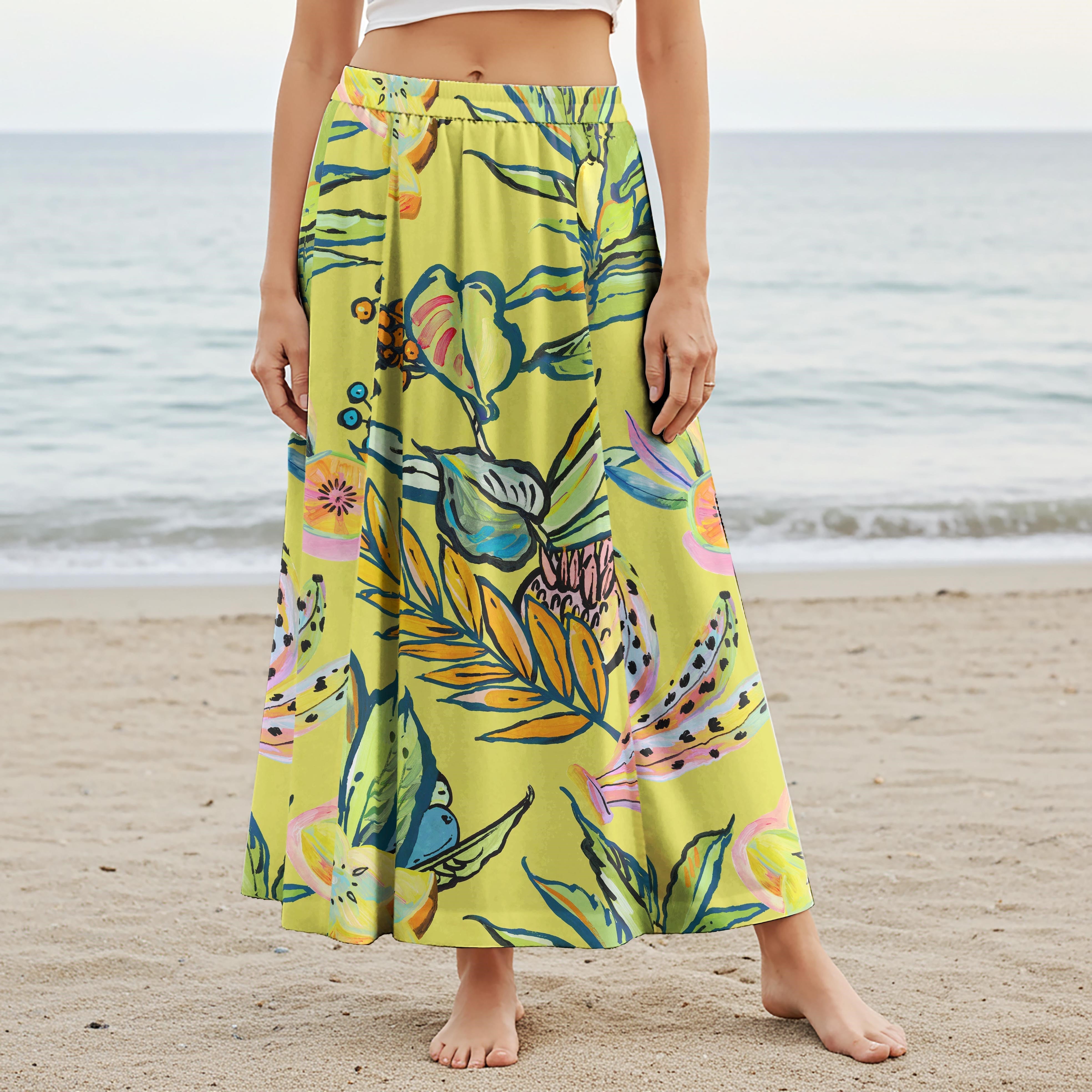 Women Casual Maxi Skirt Long Elastic Waist with Pockets 100% Cotton Yellow Aloha Vibrant Jungle Feast
