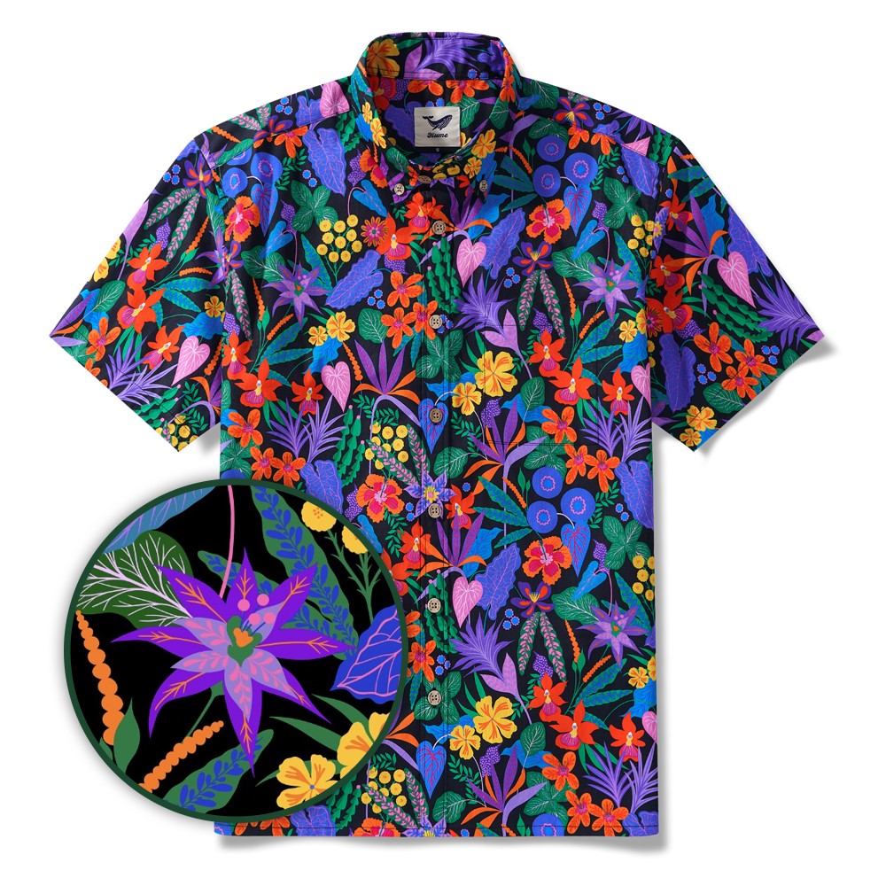 Men's Hawaiian Shirt Short Sleeve Button-down 100% Cotton Black Aloha Flower Power By Rachel Parker