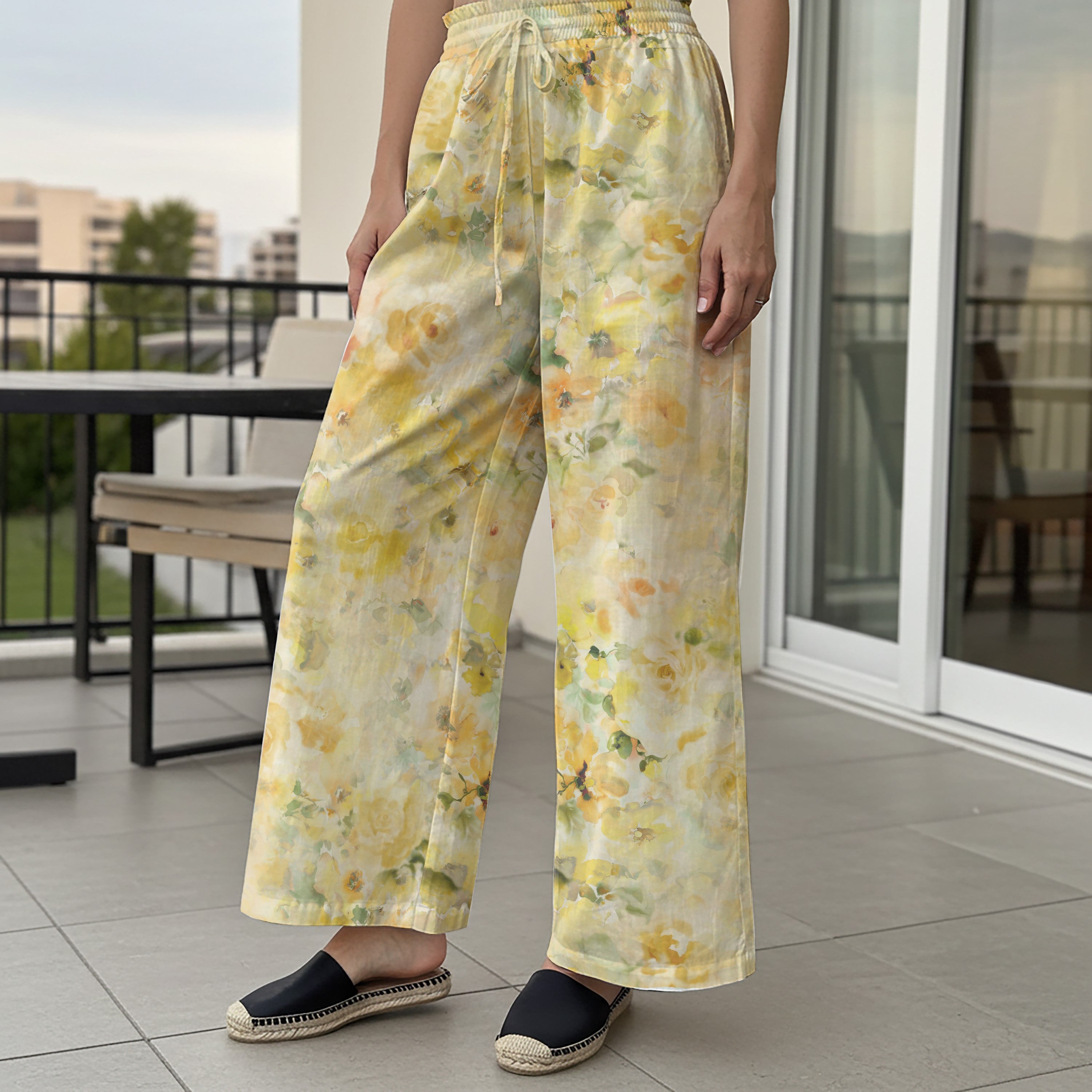 Women Casual Pants Lounge Elastic Waist Drawstring 100% Cotton Yellow Aloha Sunlit Blossoms Whisper