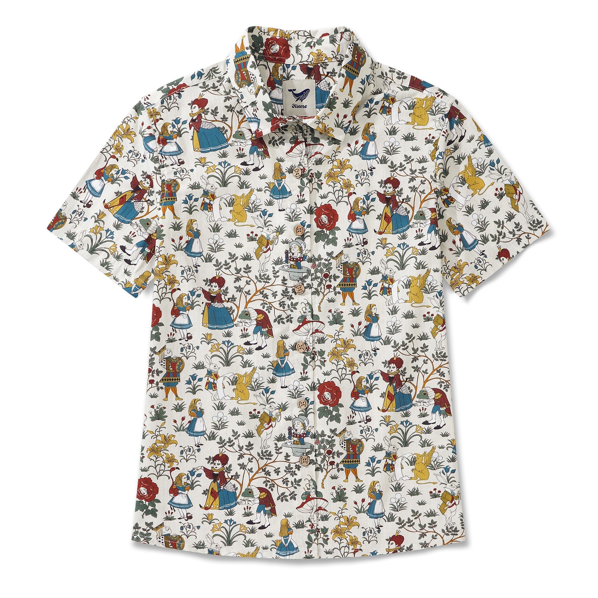 Women's Hawaiian Shirt Short Sleeve Button-up 100% Cotton Beige Aloha Alice's Wonderland