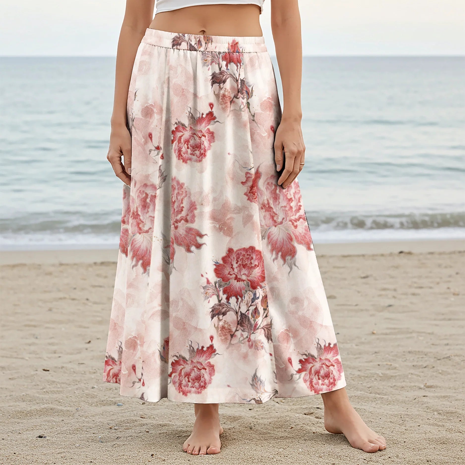 Women Casual Maxi Skirt Long Elastic Waist with Pockets 100% Cotton Blue Aloha Dreamy Floral Romance
