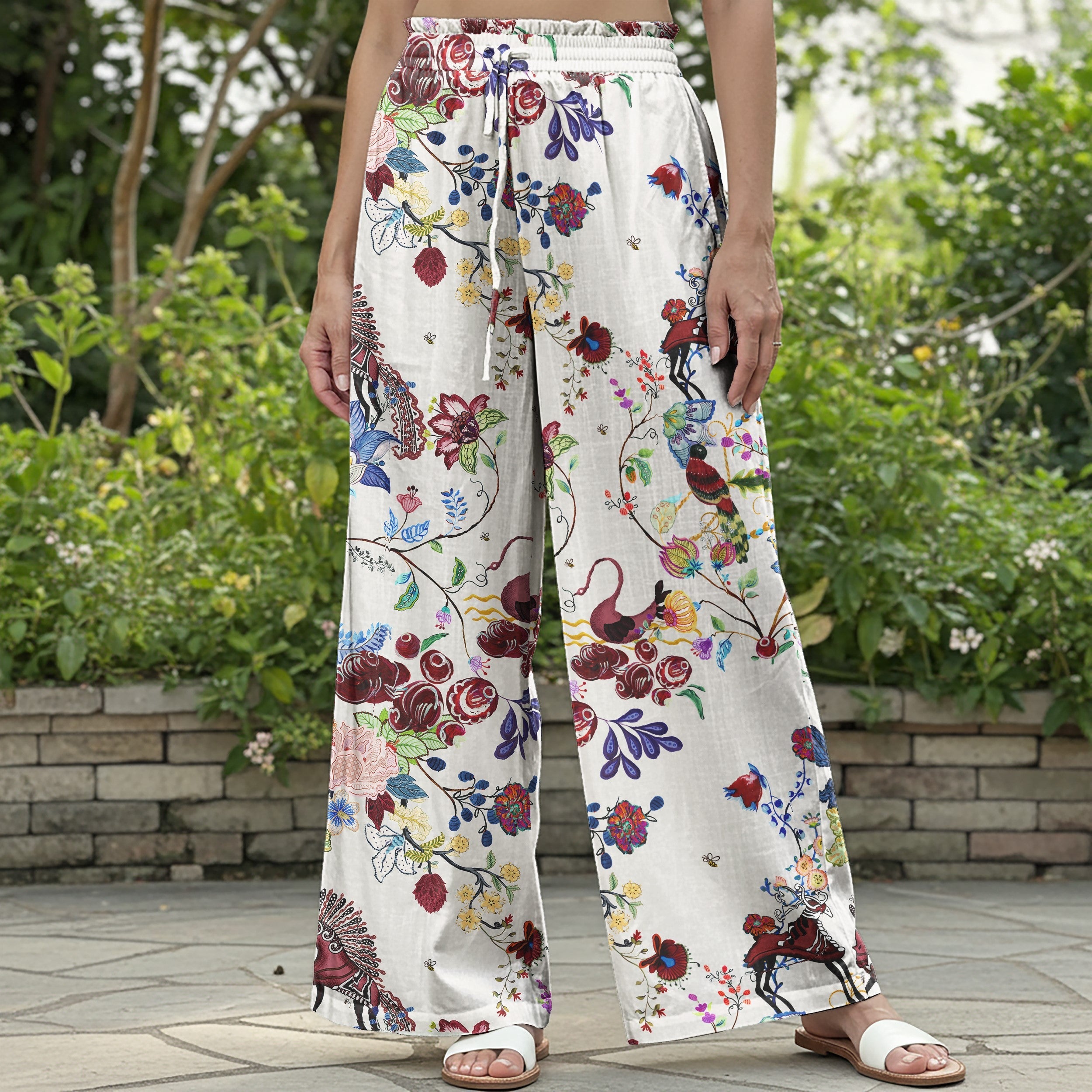Women Casual Pants Lounge Elastic Waist Drawstring 100% Cotton Red Aloha Mystical Blooms Fantasy