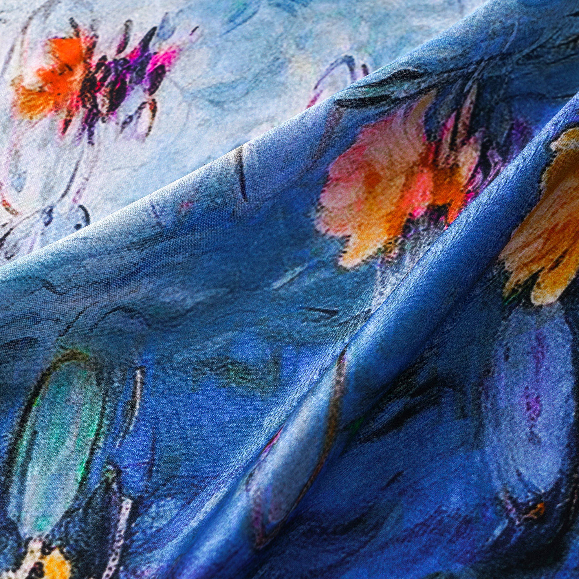 Floral Square Scarf 100% Mulberry Silk Luminous Water Lilies