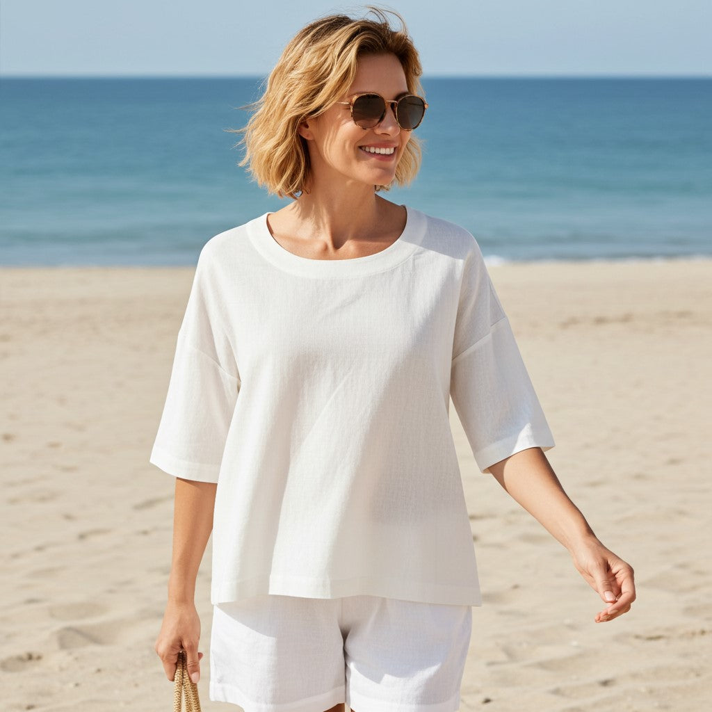 Womens Casual Blouse Elbow Sleeves Round Neck 100% Cotton White Solid