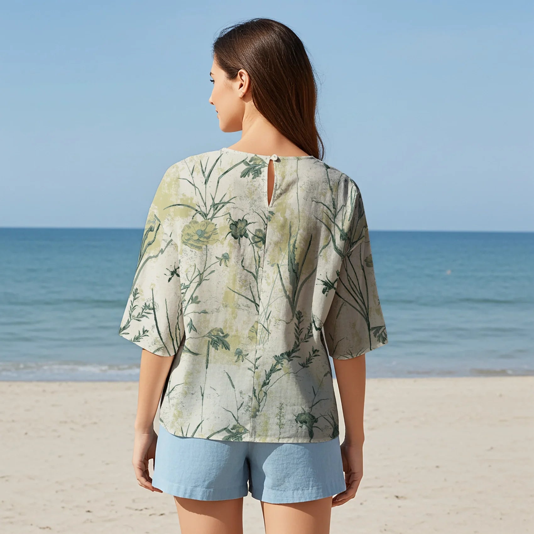 Women Casual Blouse Elbow Sleeve Round Neck Button-Back 95% Tencel, 5% Linen Green Aloha Natural And Simple Floral Designs