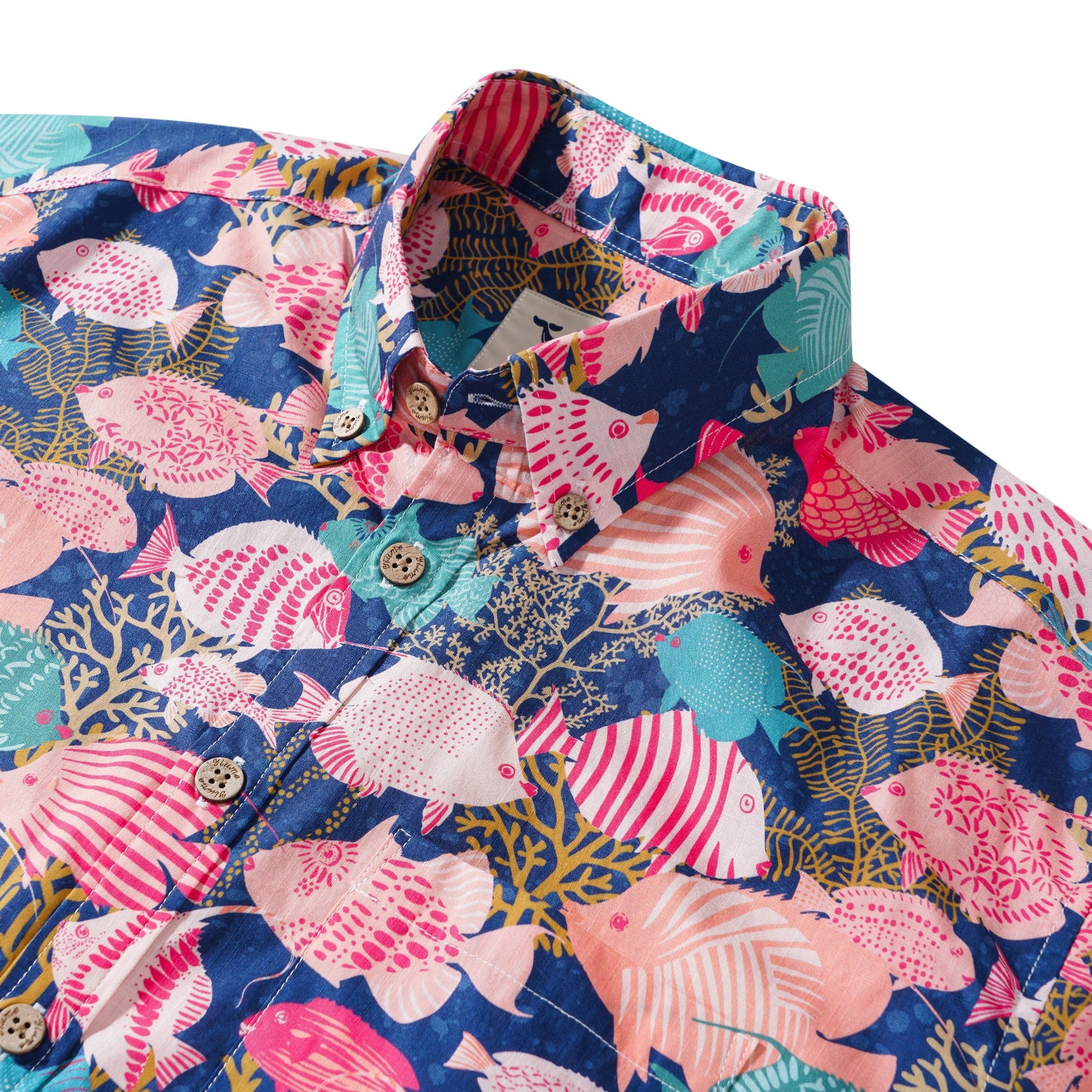Men's Hawaiian Shirt Short Sleeve Button-down 100% Cotton Aloha Happy Fishes In The Coral Reef By Annick
