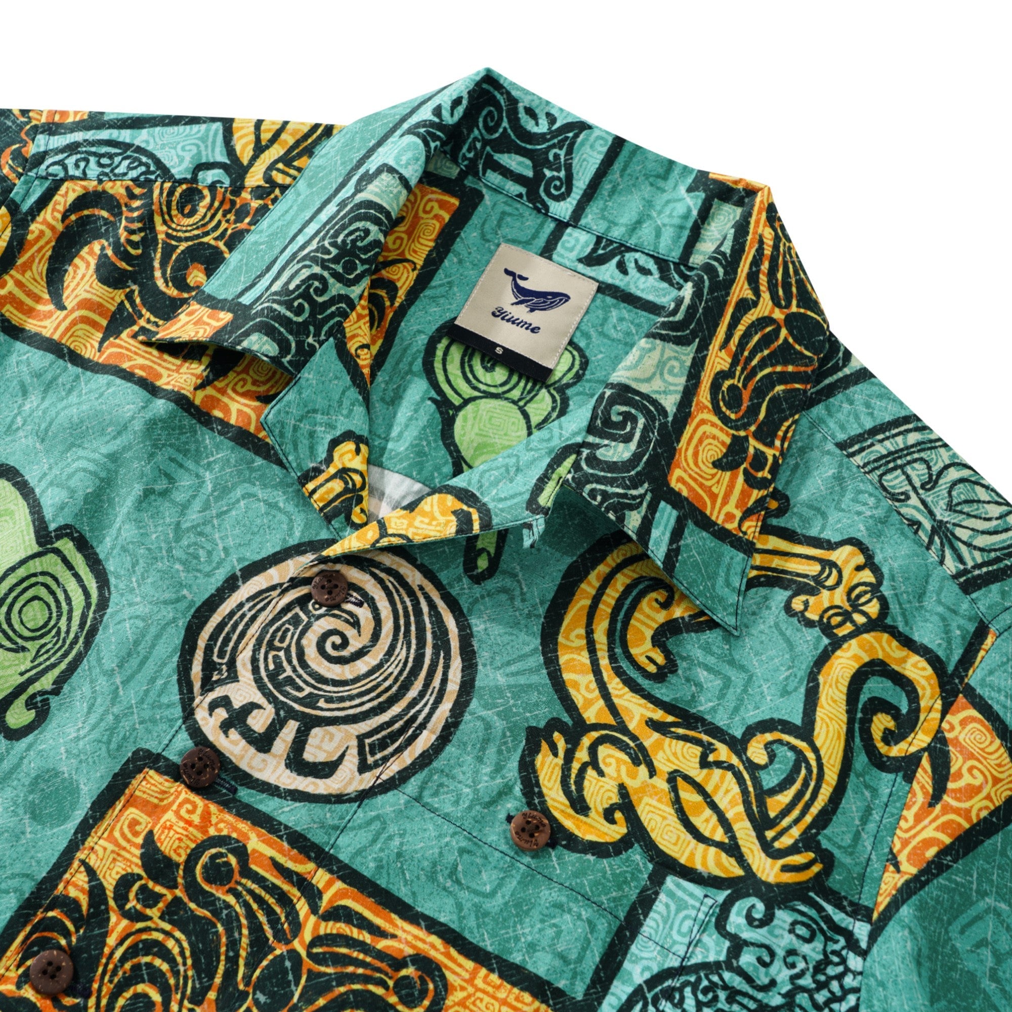 Men's Hawaiian Shirt Short Sleeve Camp Collar 100% Cotton Green Aloha Sanxingdui Sacred Hawaiian Shirt