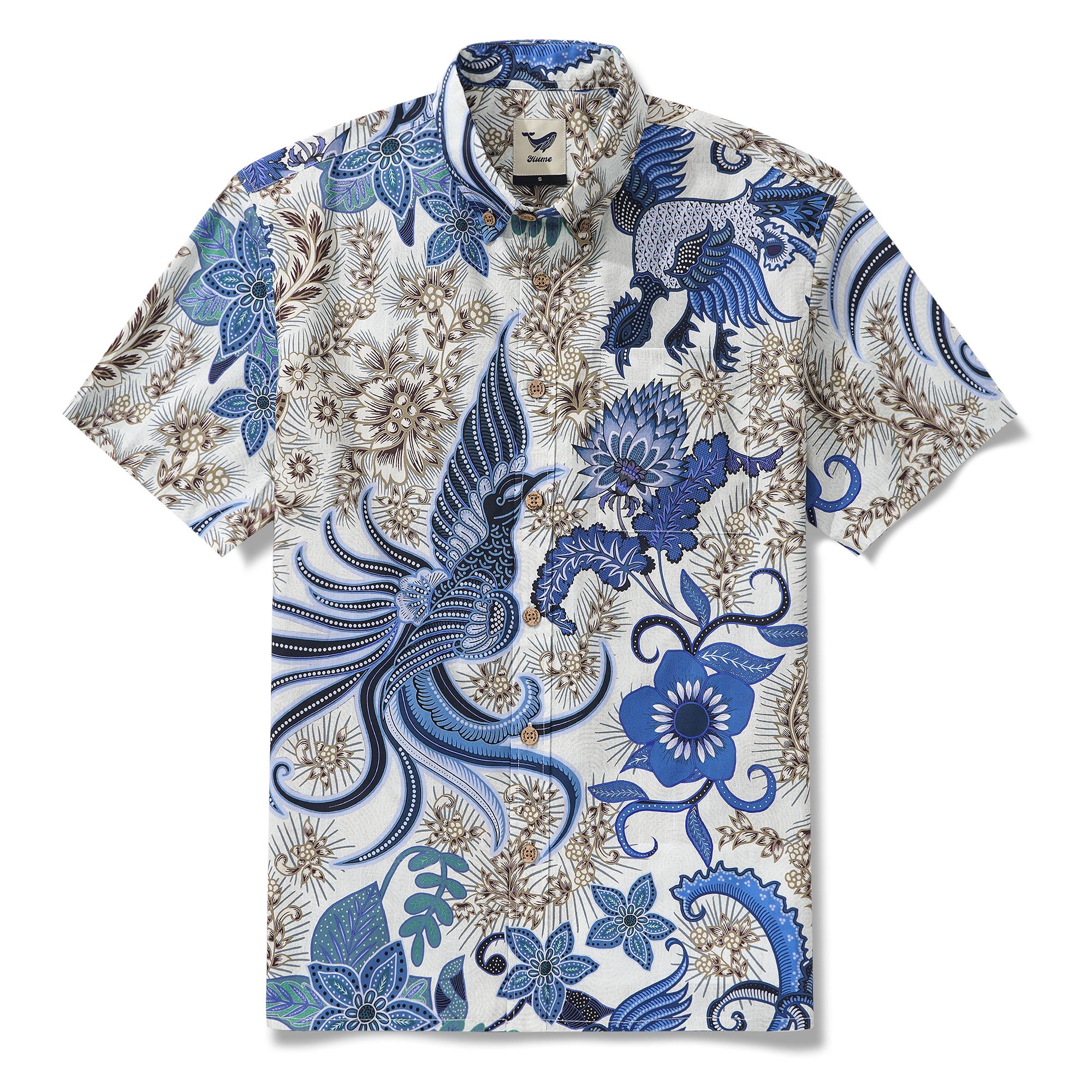 Men's Hawaiian Shirt Short Sleeve Button-down 100% Cotton Blue Aloha Blue Floral Phoenix