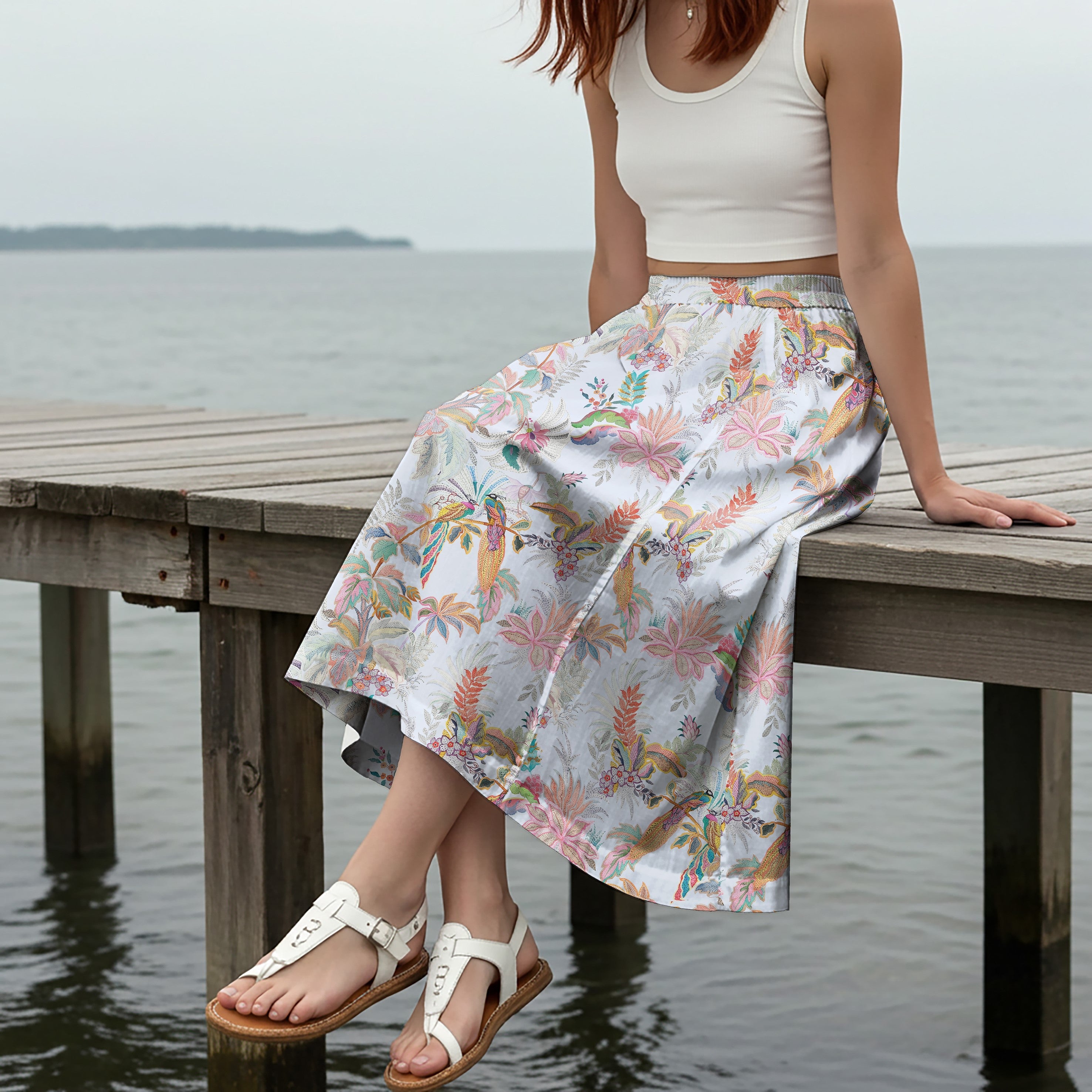 Women Casual Maxi Skirt Long Elastic Waist with Pockets 100% Cotton Blue Aloha Dreamy Floral Bird Illustration