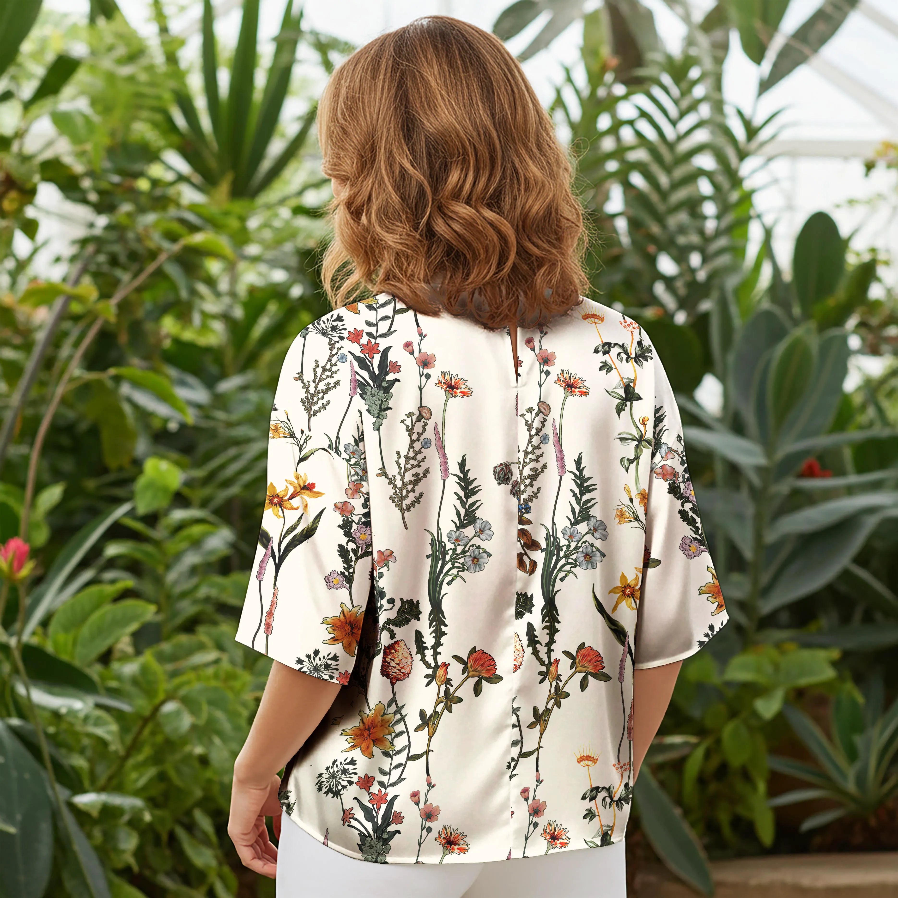 Women Casual Blouse Elbow Sleeve Round Neck Button-Back 100% Tencel Green Aloha Floral Feast