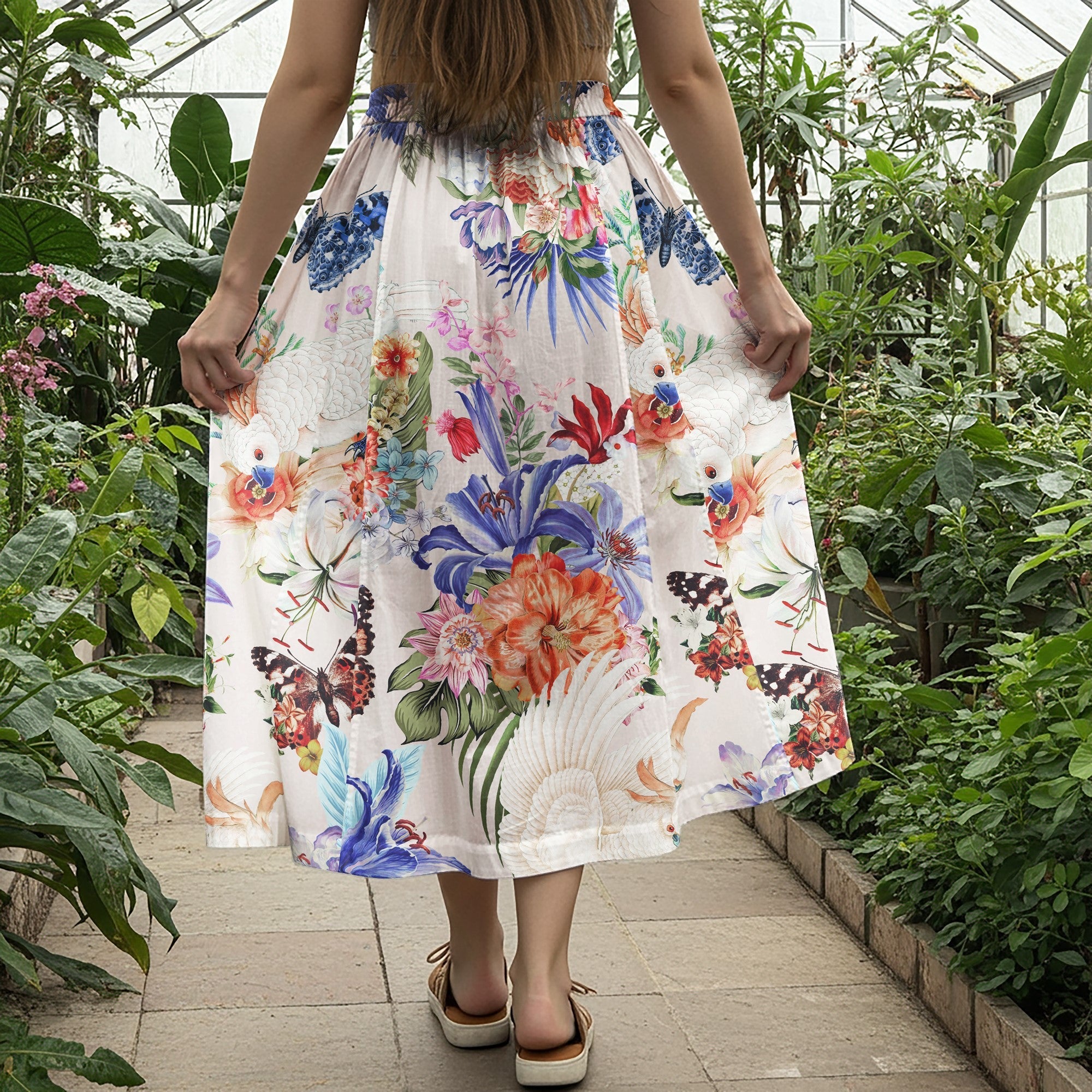 Women Casual Maxi Skirt Long Elastic Waist with Pockets 100% Cotton Purple Aloha Flowers And Parrots