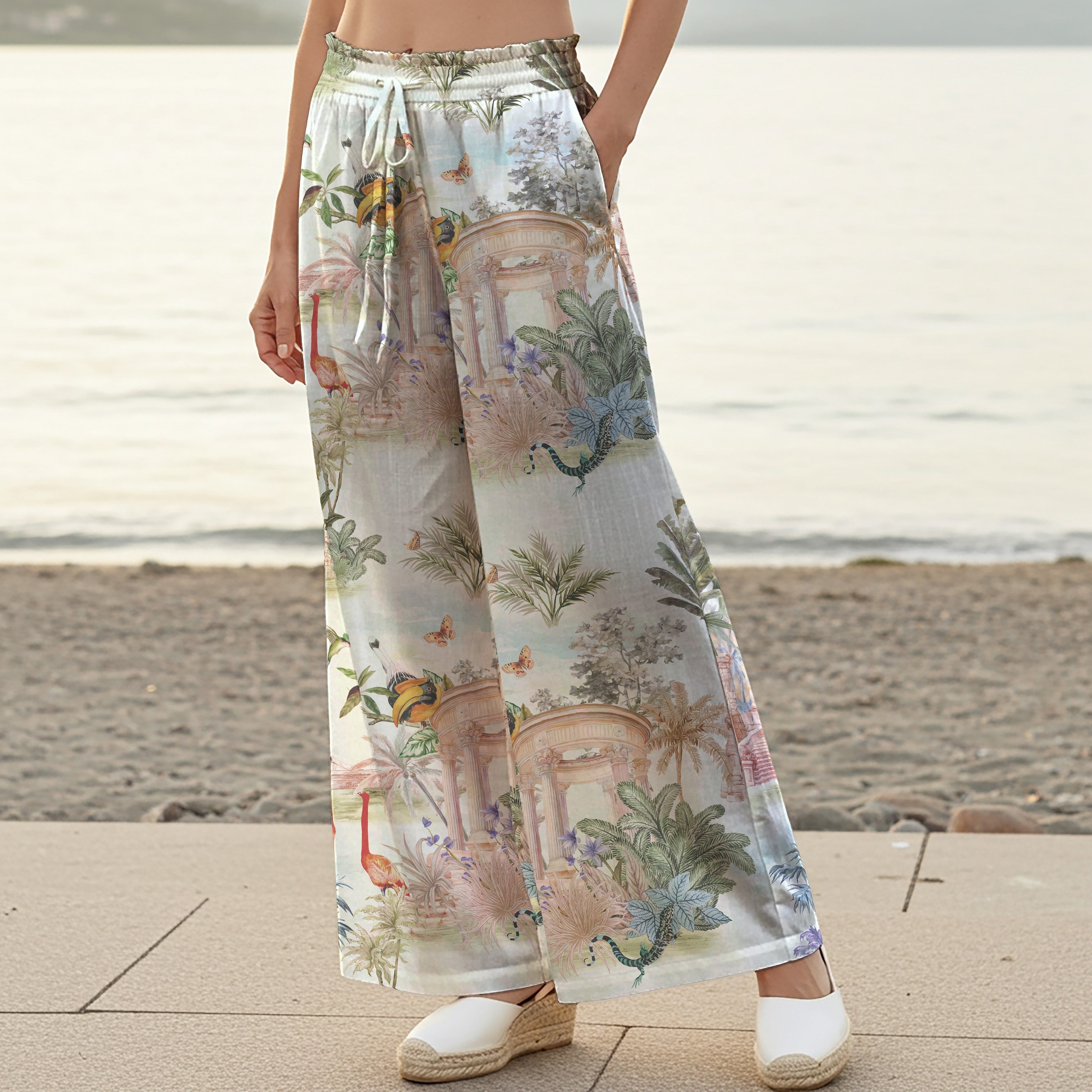 Women Casual Pants Lounge Elastic Waist Drawstring with Pockets 100% Cotton White Aloha Journey To The Fantasy Realm