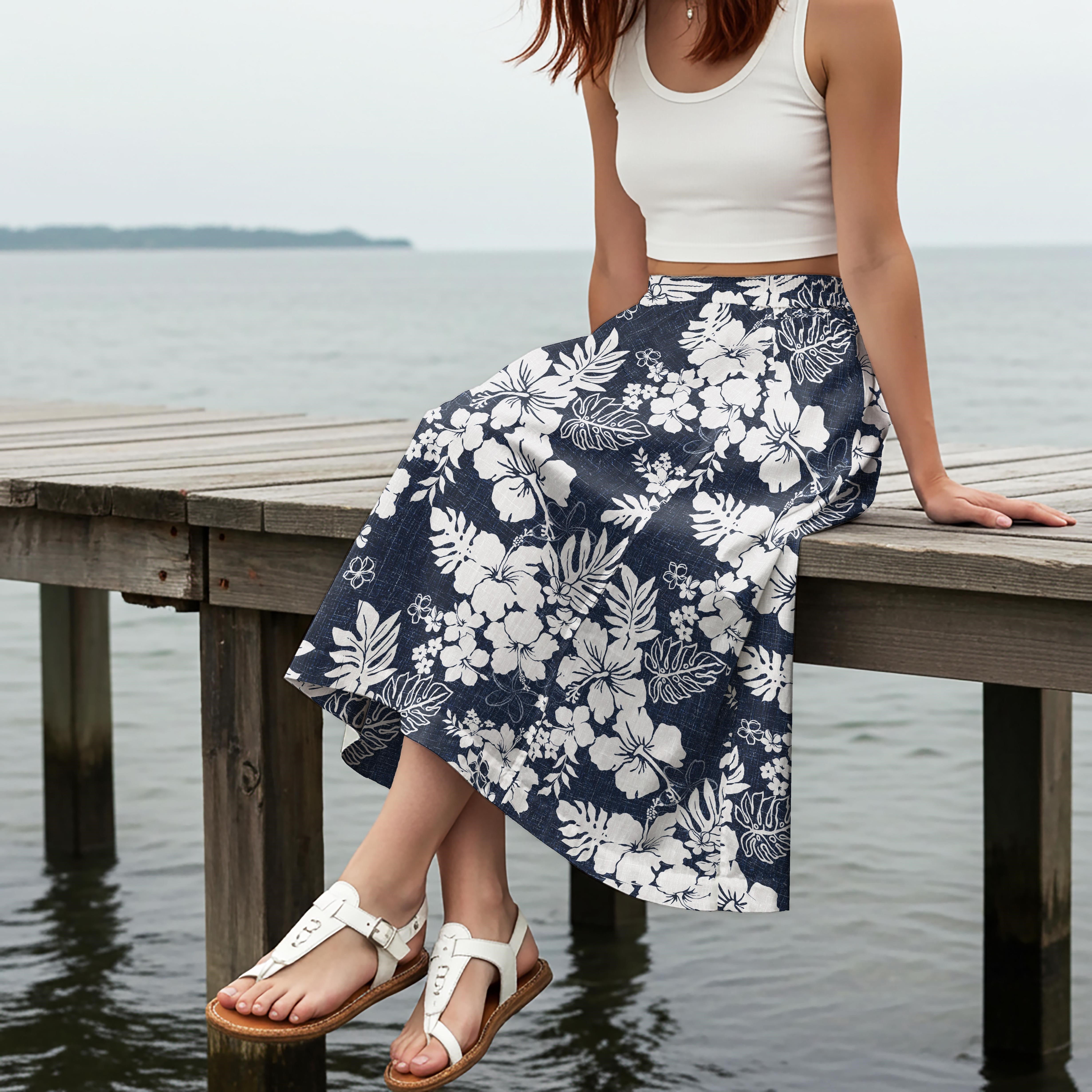 Women Casual Maxi Skirt Long Elastic Waist 100% Cotton Blue Aloha Tropical Hibiscus Charm