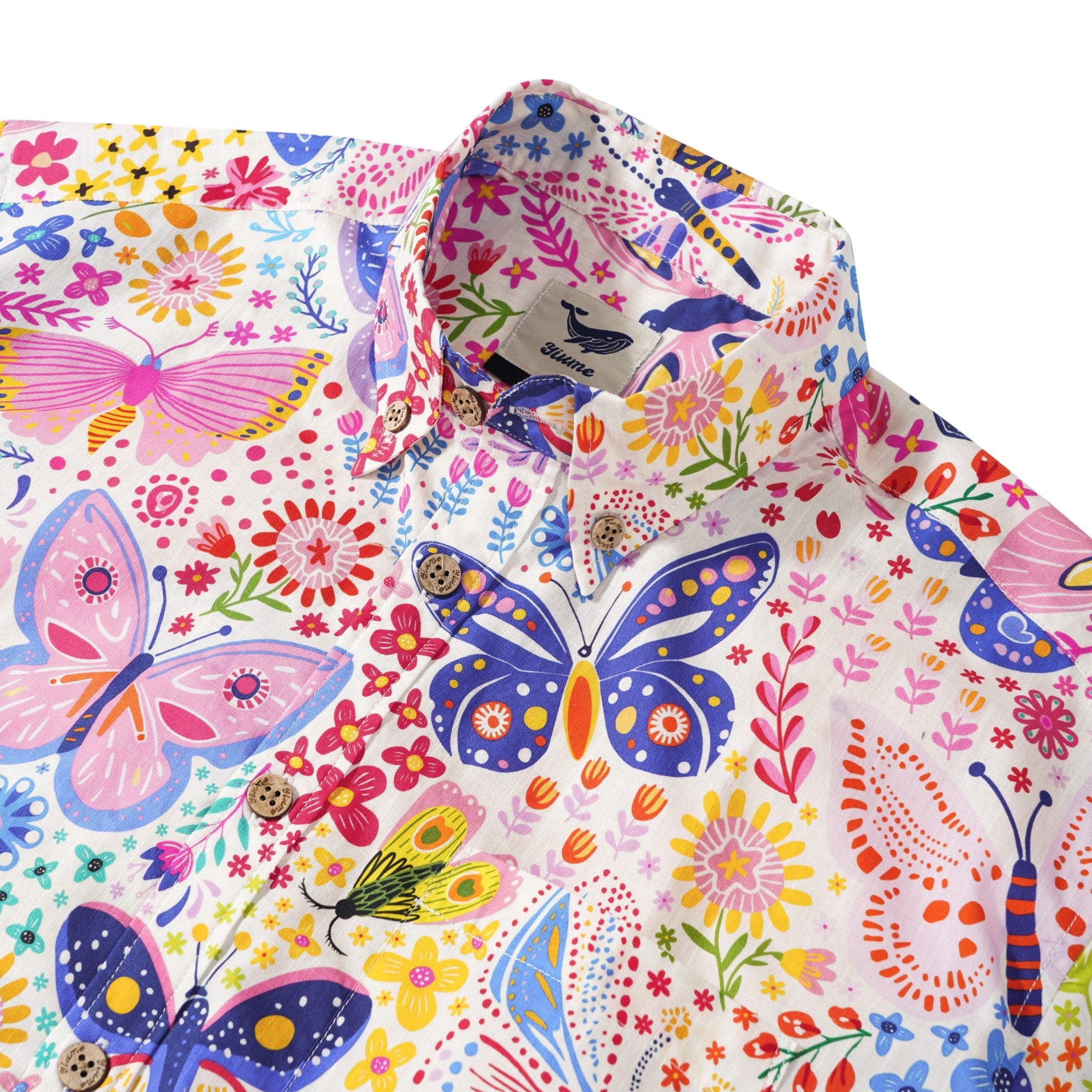 Men's Hawaiian Shirt Short Sleeve Button-down 100% Cotton Beige Aloha Butterfly Garden