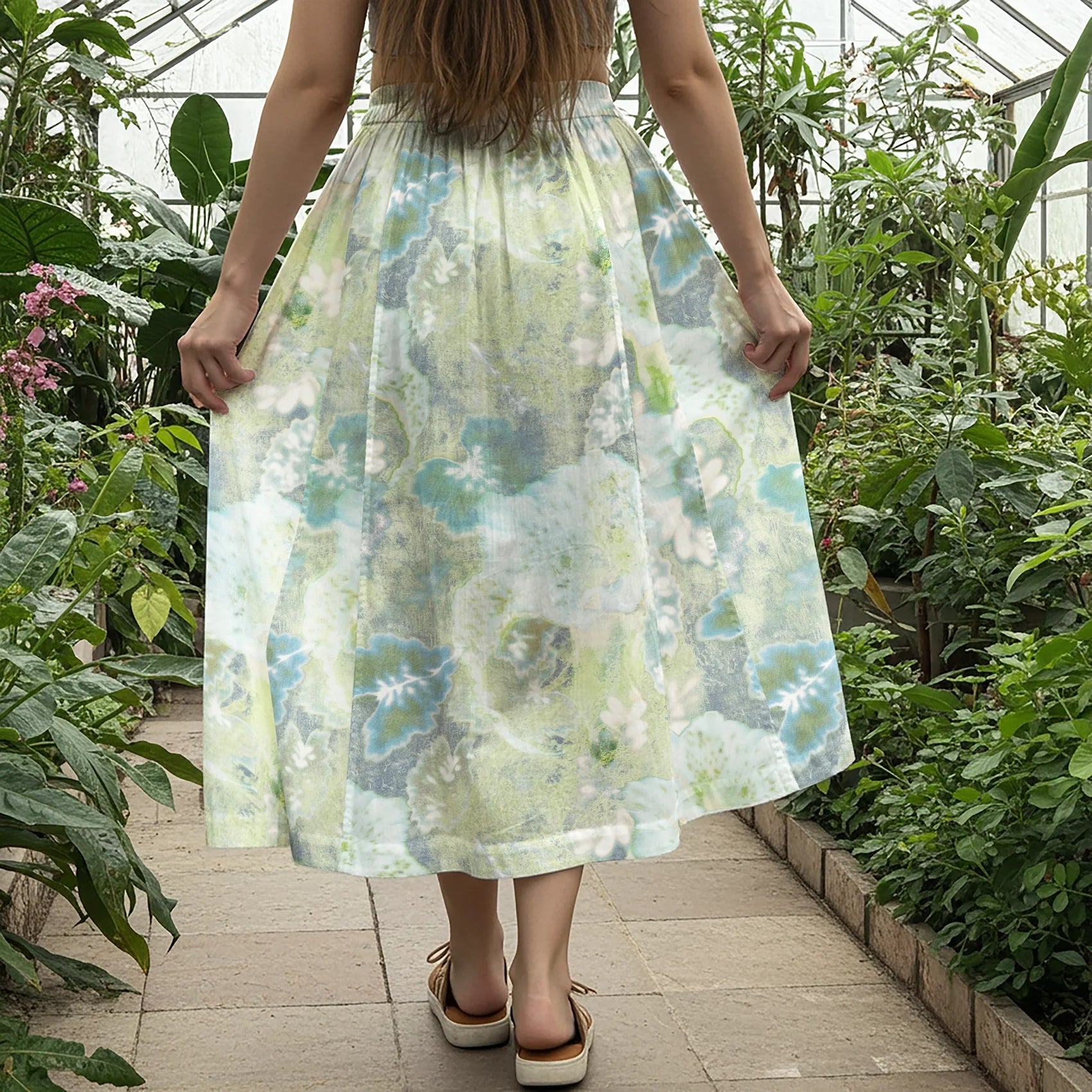 Women Casual Maxi Skirt Long Elastic Waist with Pockets 100% Cotton Green Aloha Ethereal Light And Leaves