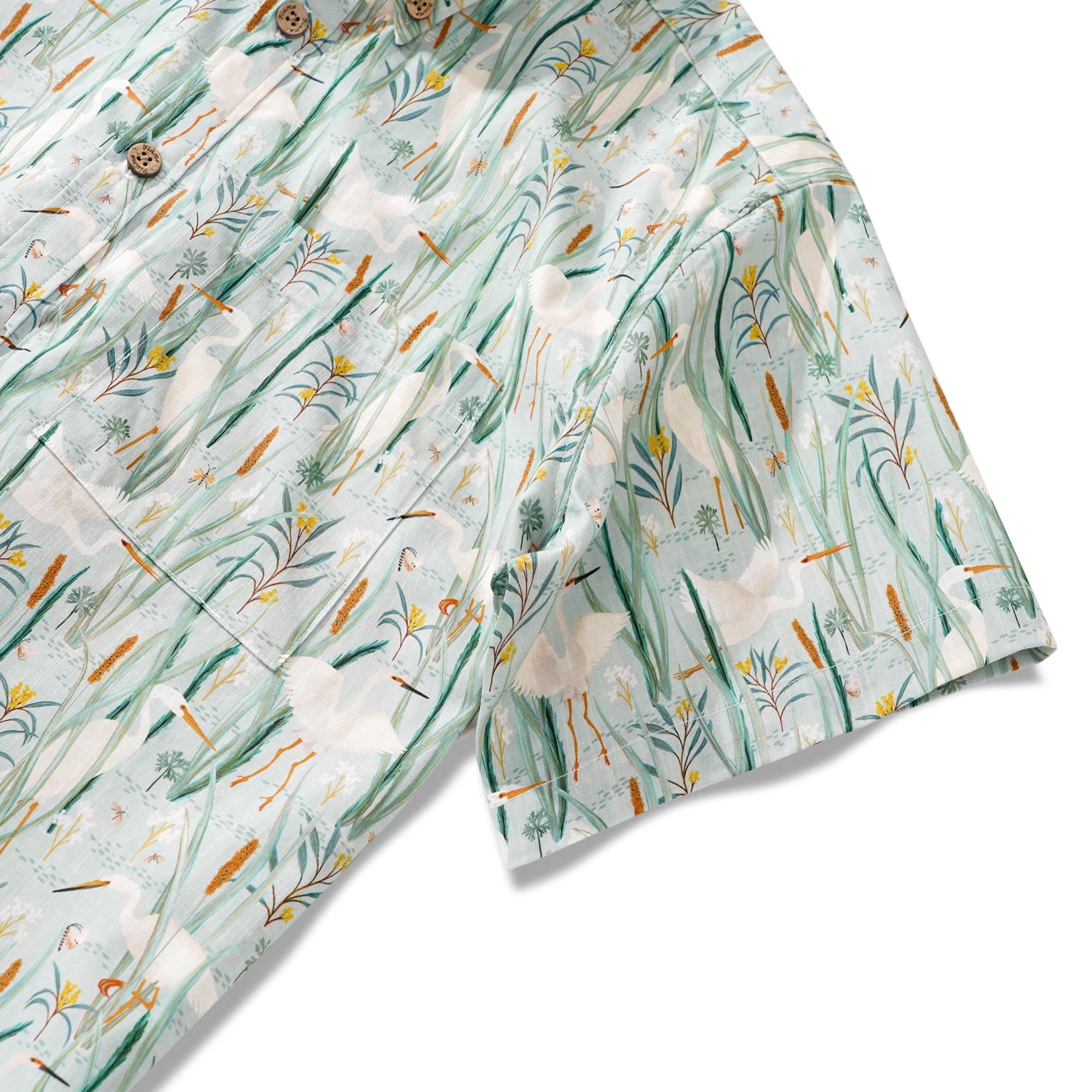 Men's Hawaiian Shirt Short Sleeve Button-down 100% Cotton Green Aloha Birds of the Billabong By Kristen