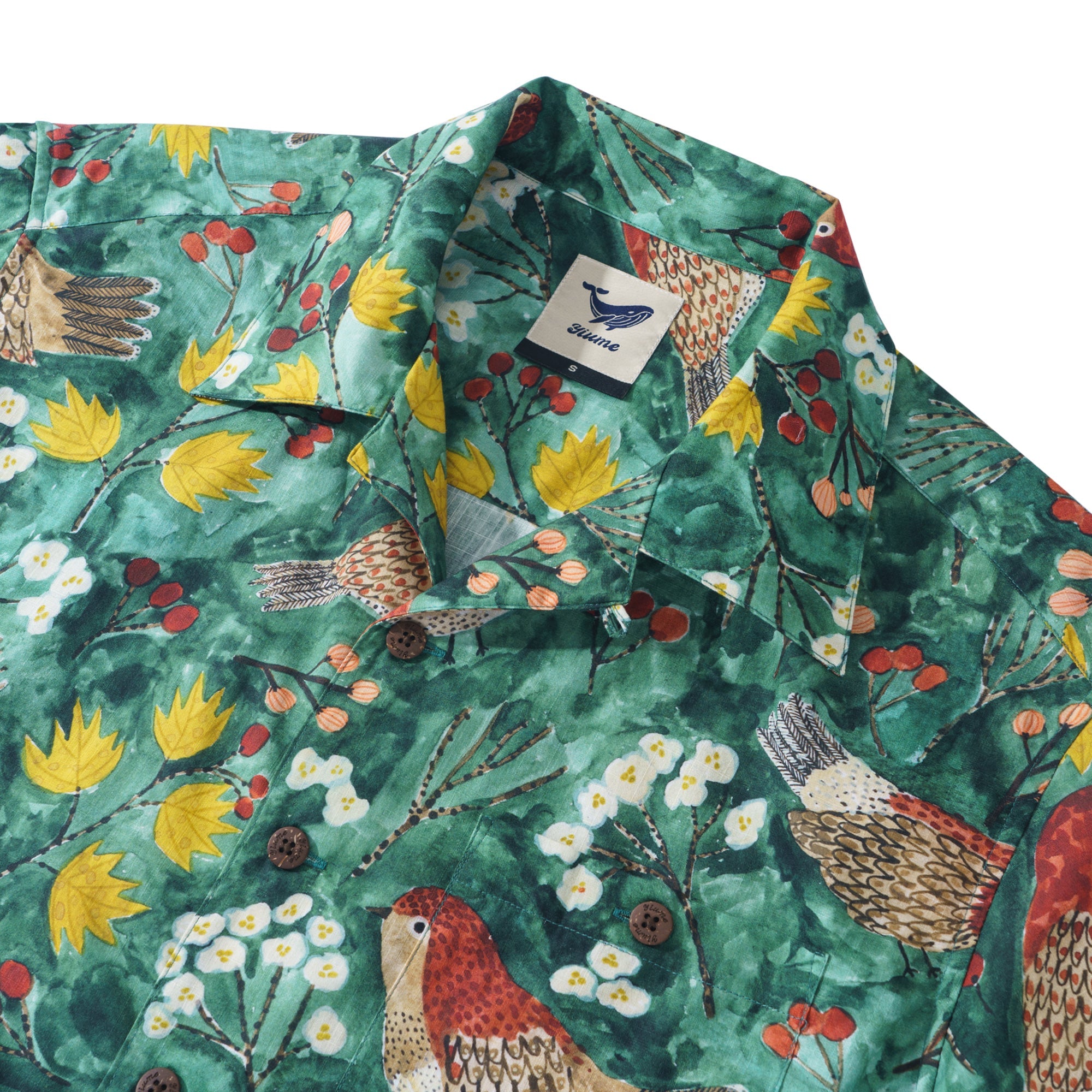 Autumn Birds By Katie Wilson 100% Cotton Men's Short Sleeve Camp Collar Shirt Aloha Hawaiian