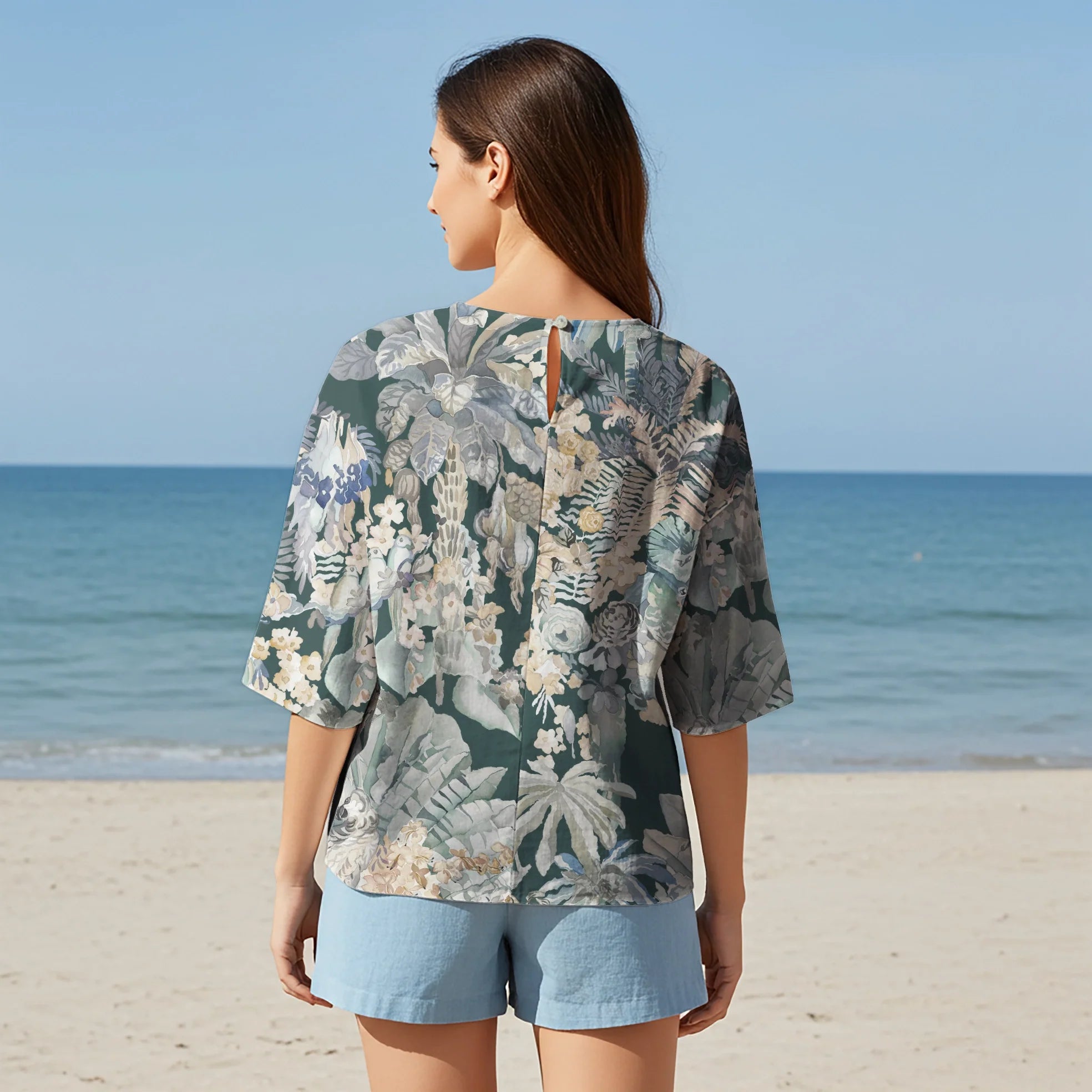 Women Casual Blouse Elbow Sleeve Crew Neck Button-Back 95% Lyocell, 5% Linen Green Aloha Tranquility In The Rainforest Dream